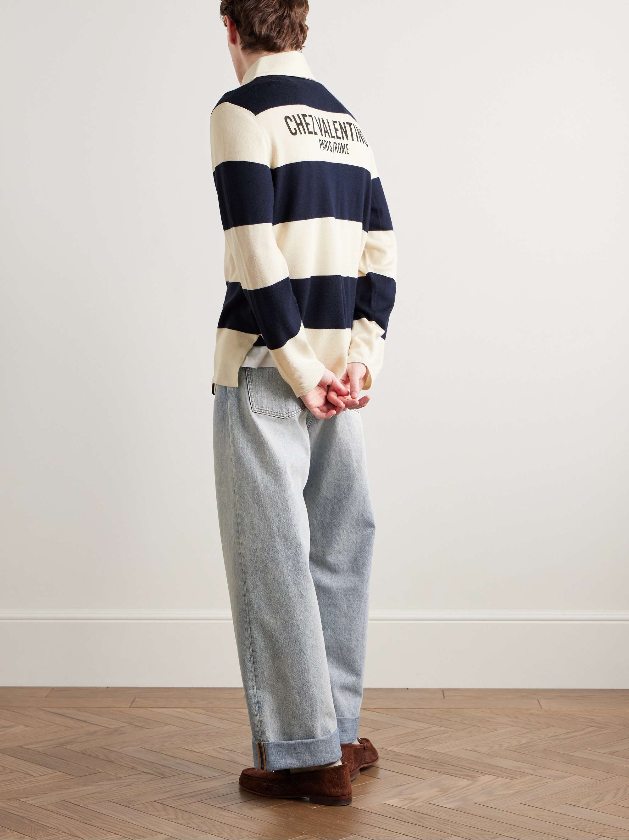 Logo-Print Striped Virgin Wool Polo Shirt view