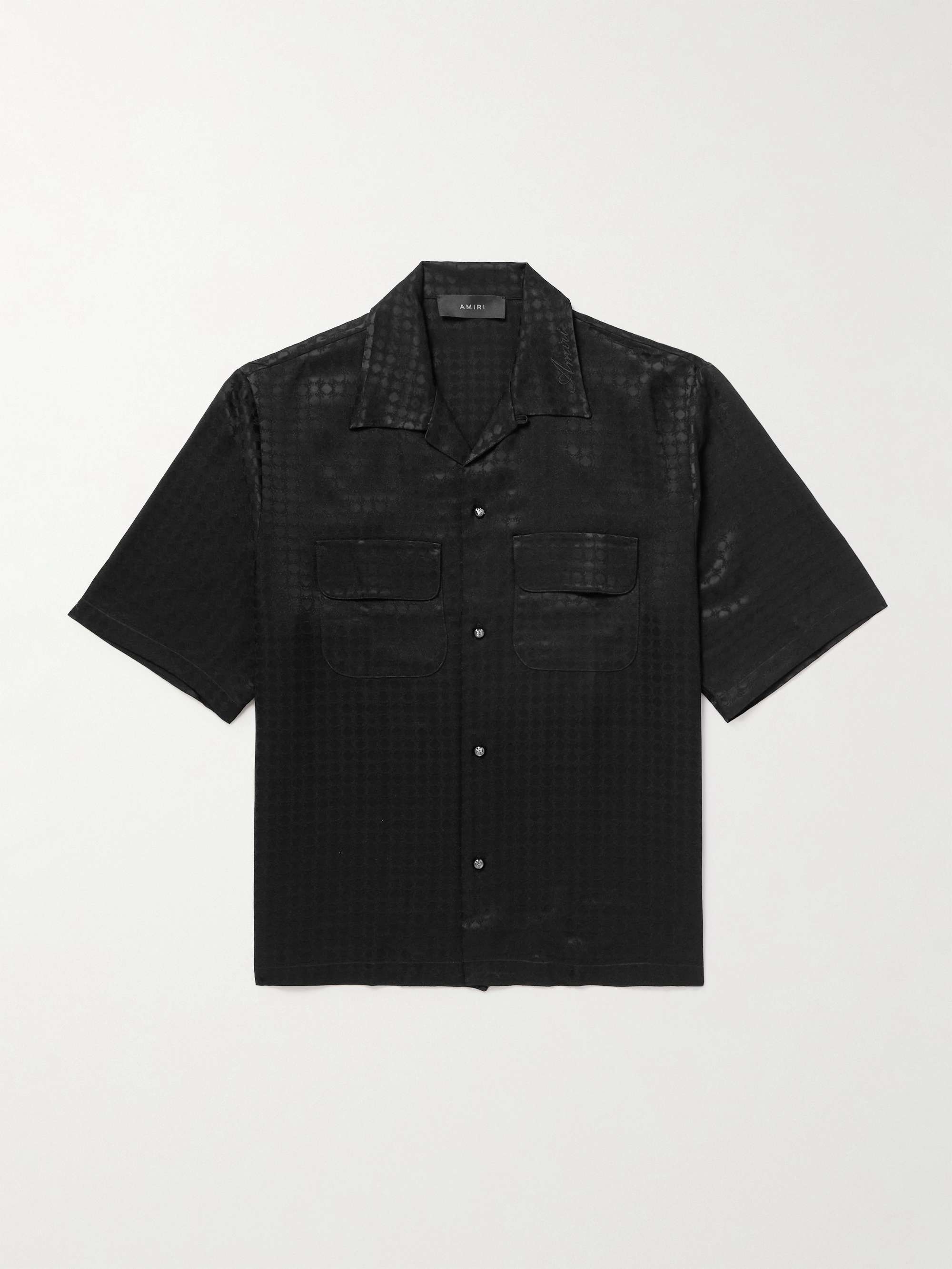 Convertible-Collar Logo-Embroidered Satin-Jacquard Shirt view