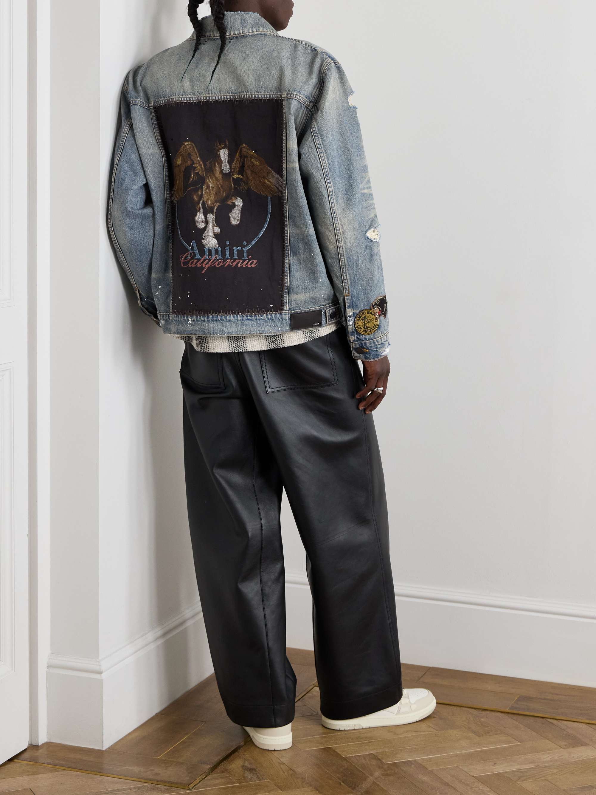 Vintage Pegasus Embellished Distressed Paint-Splattered Denim Trucker Jacket view