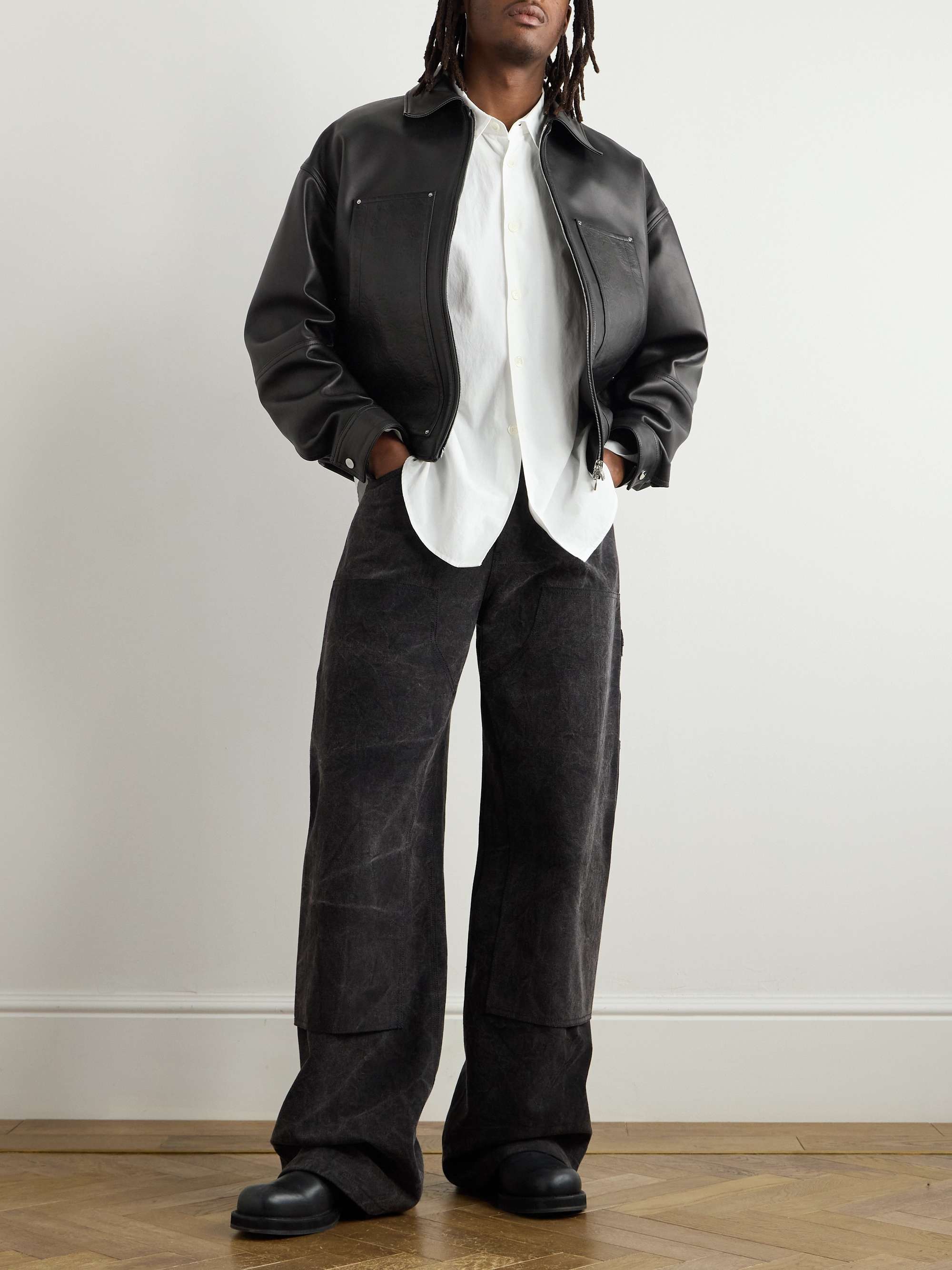 Logo-Debossed Leather Jacket view