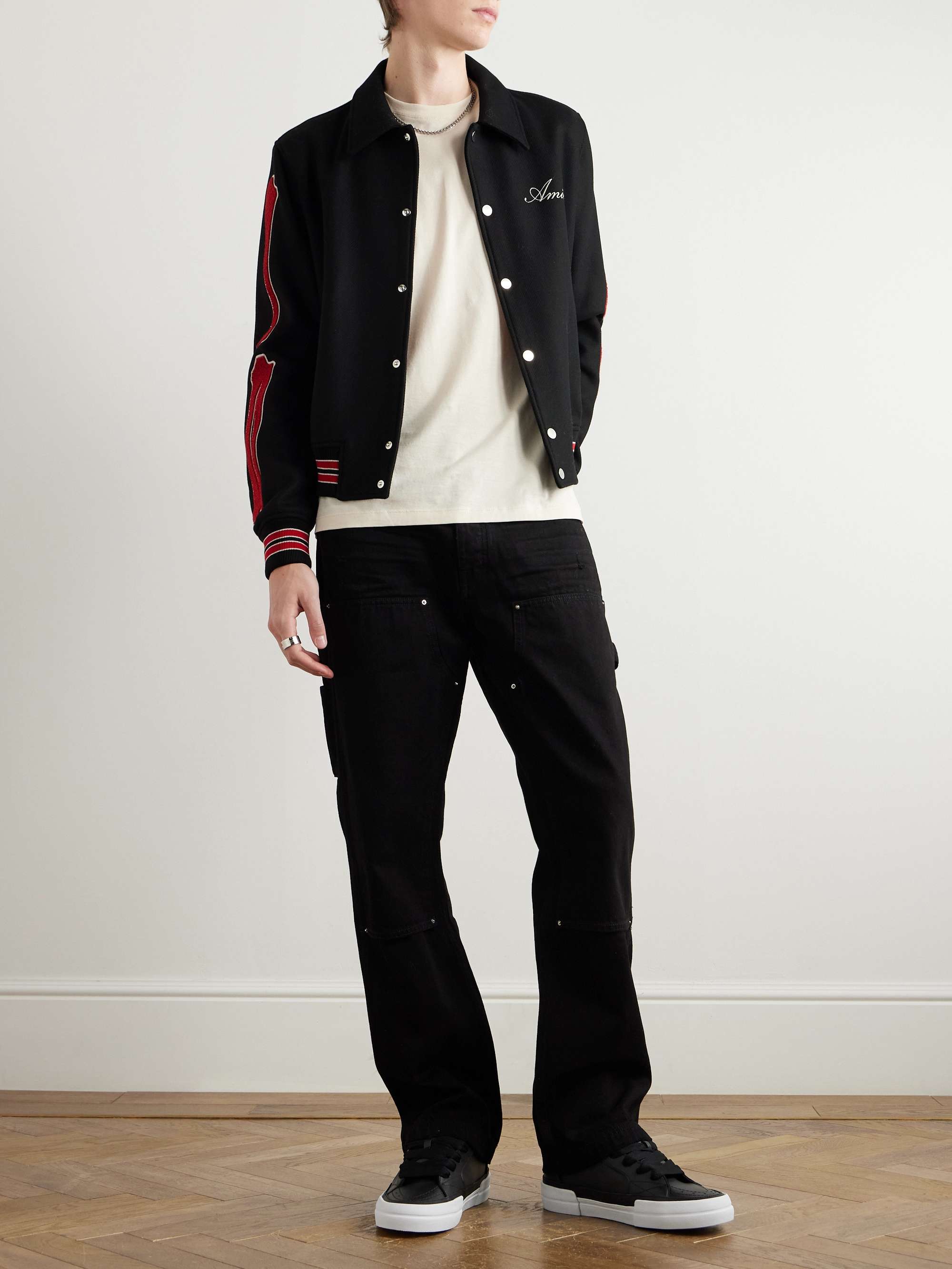 Bones Leather-Trimmed Appliquéd Logo-Embroidered Wool-Blend Twill Varsity Jacket view