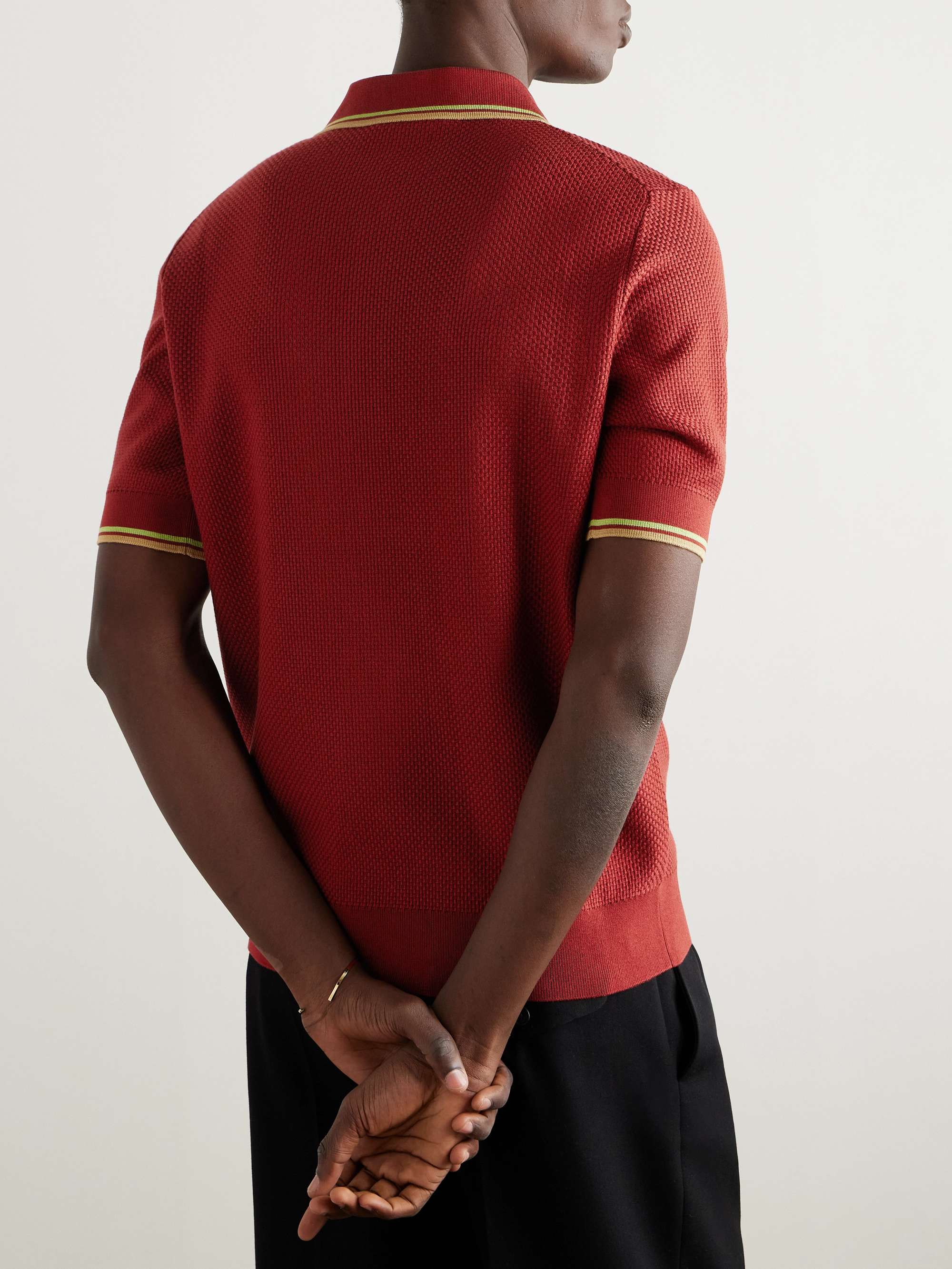 Logo-Embroidered Striped Basketweave Silk Polo Shirt view
