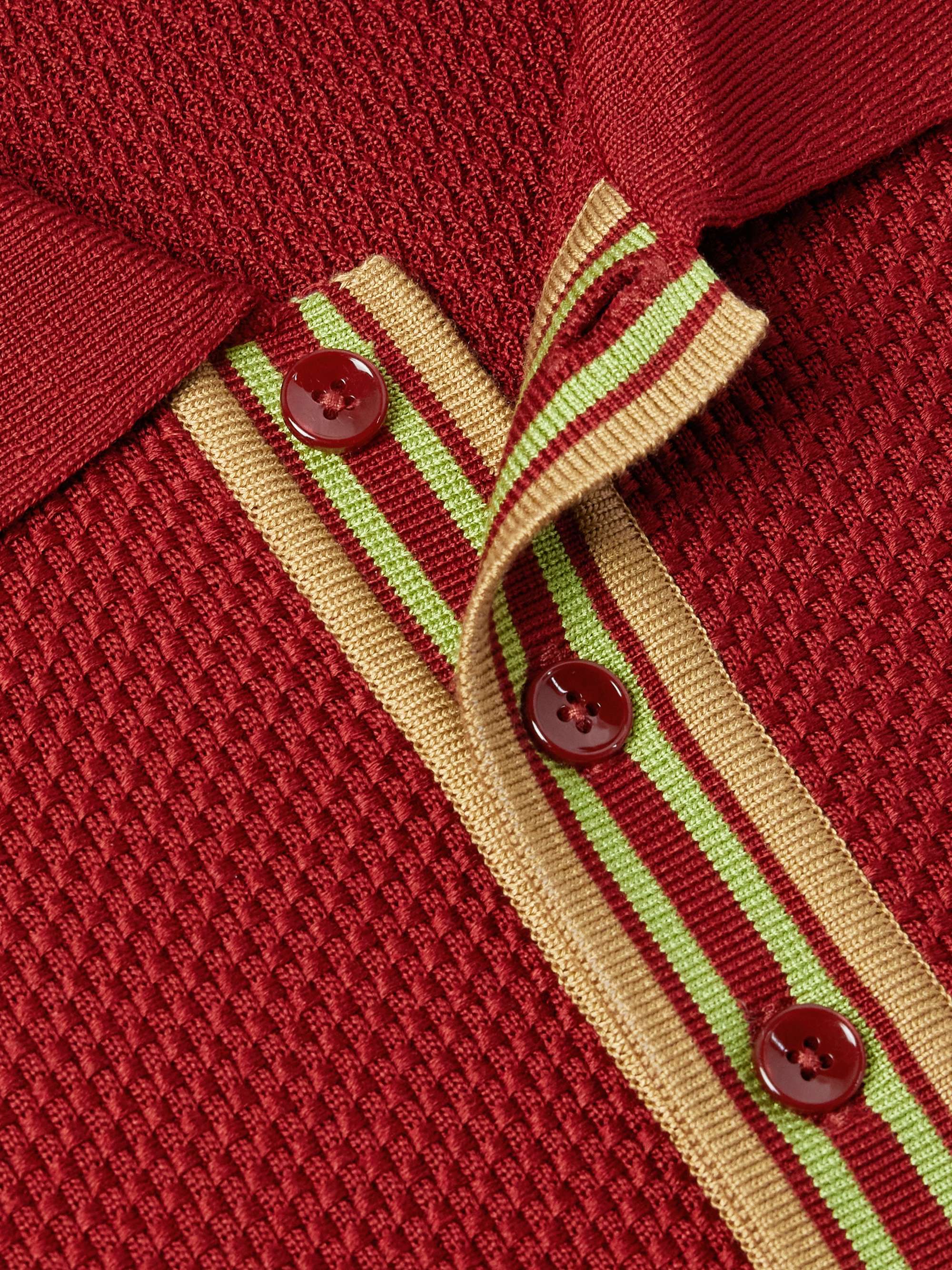 Logo-Embroidered Striped Basketweave Silk Polo Shirt view