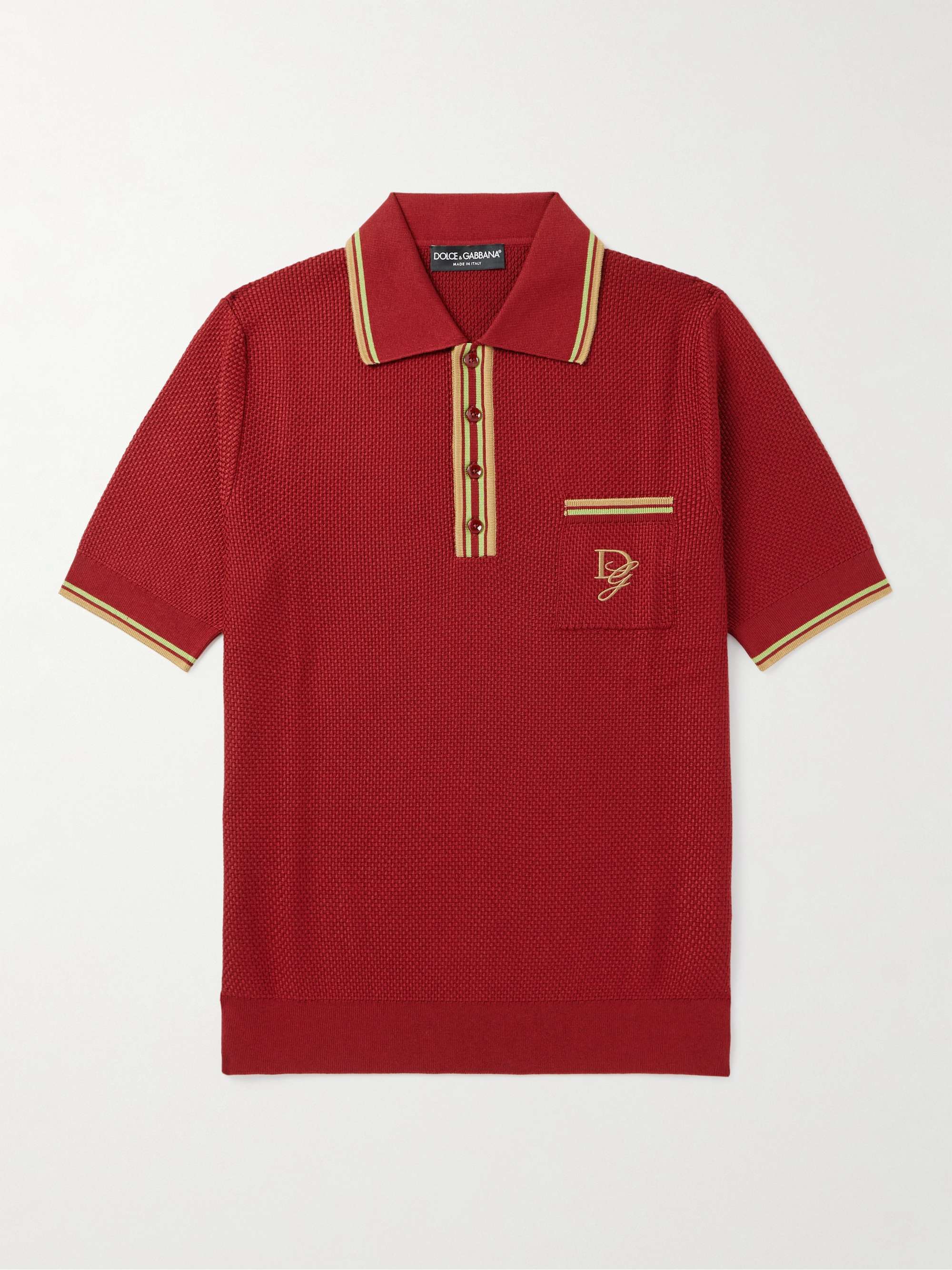 Logo-Embroidered Striped Basketweave Silk Polo Shirt view