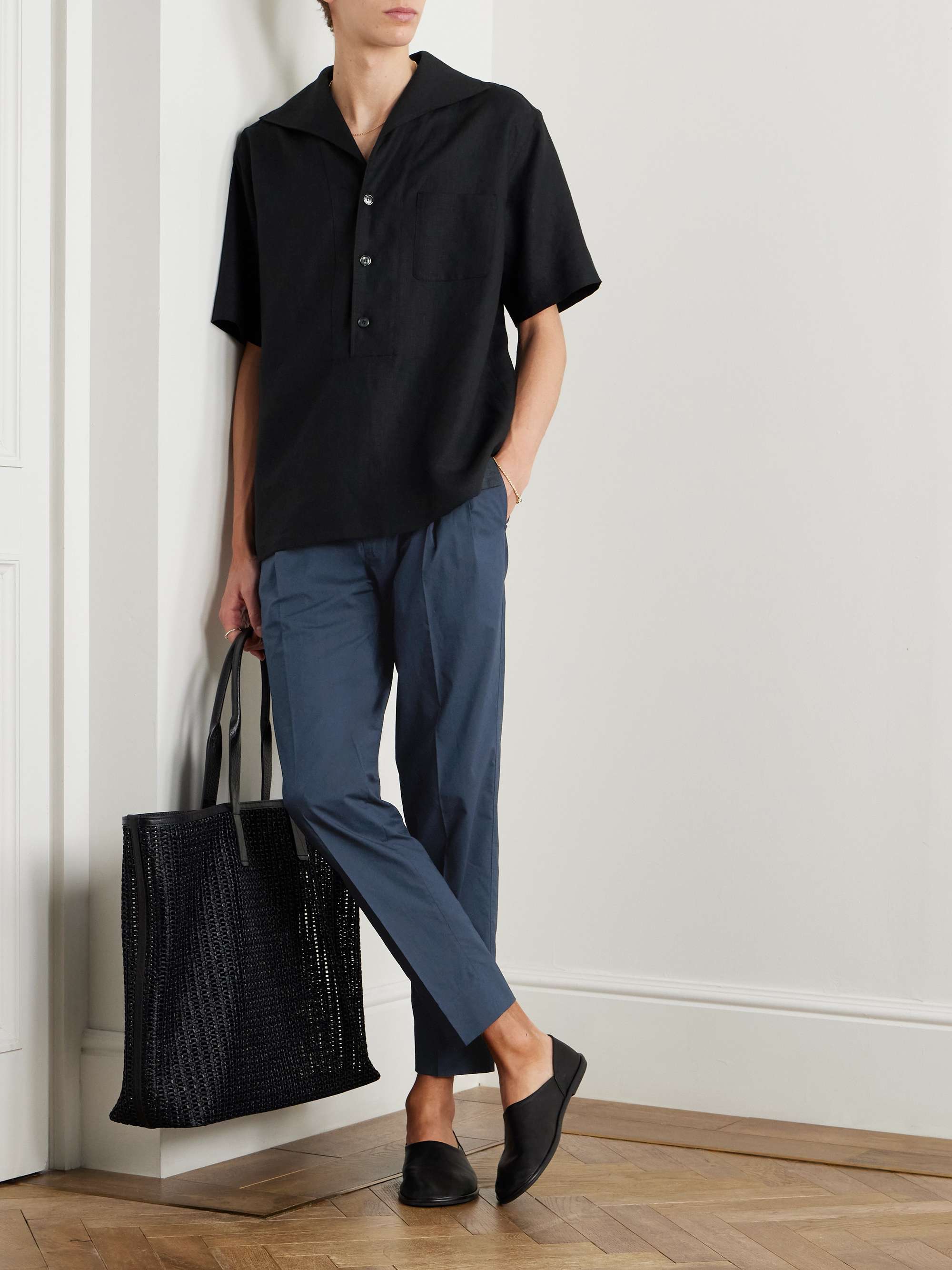 Slim-Fit Tapered Pleated Cotton-Poplin Trousers view