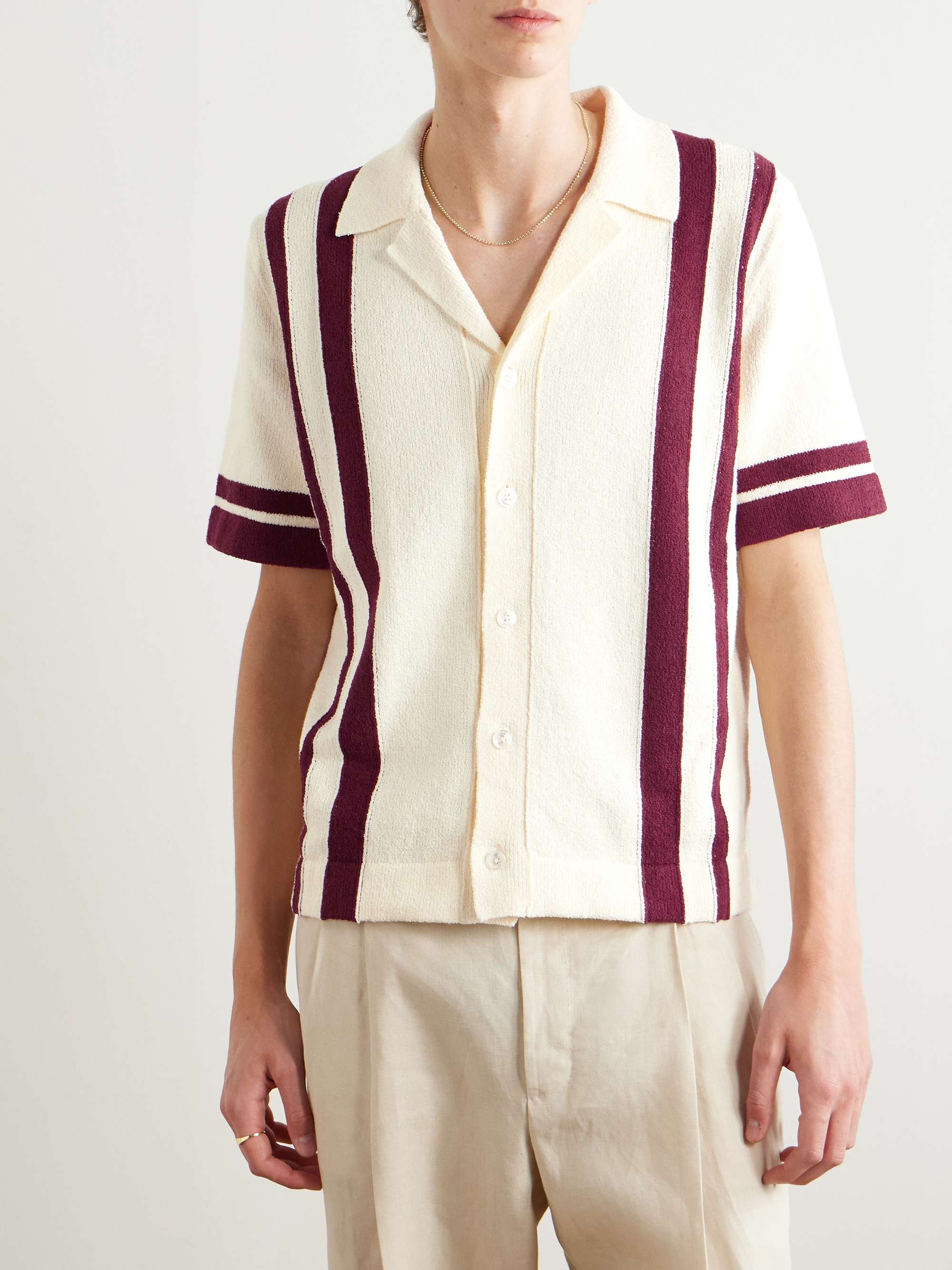 Camp-Collar Striped Cotton-Blend Polo Shirt view