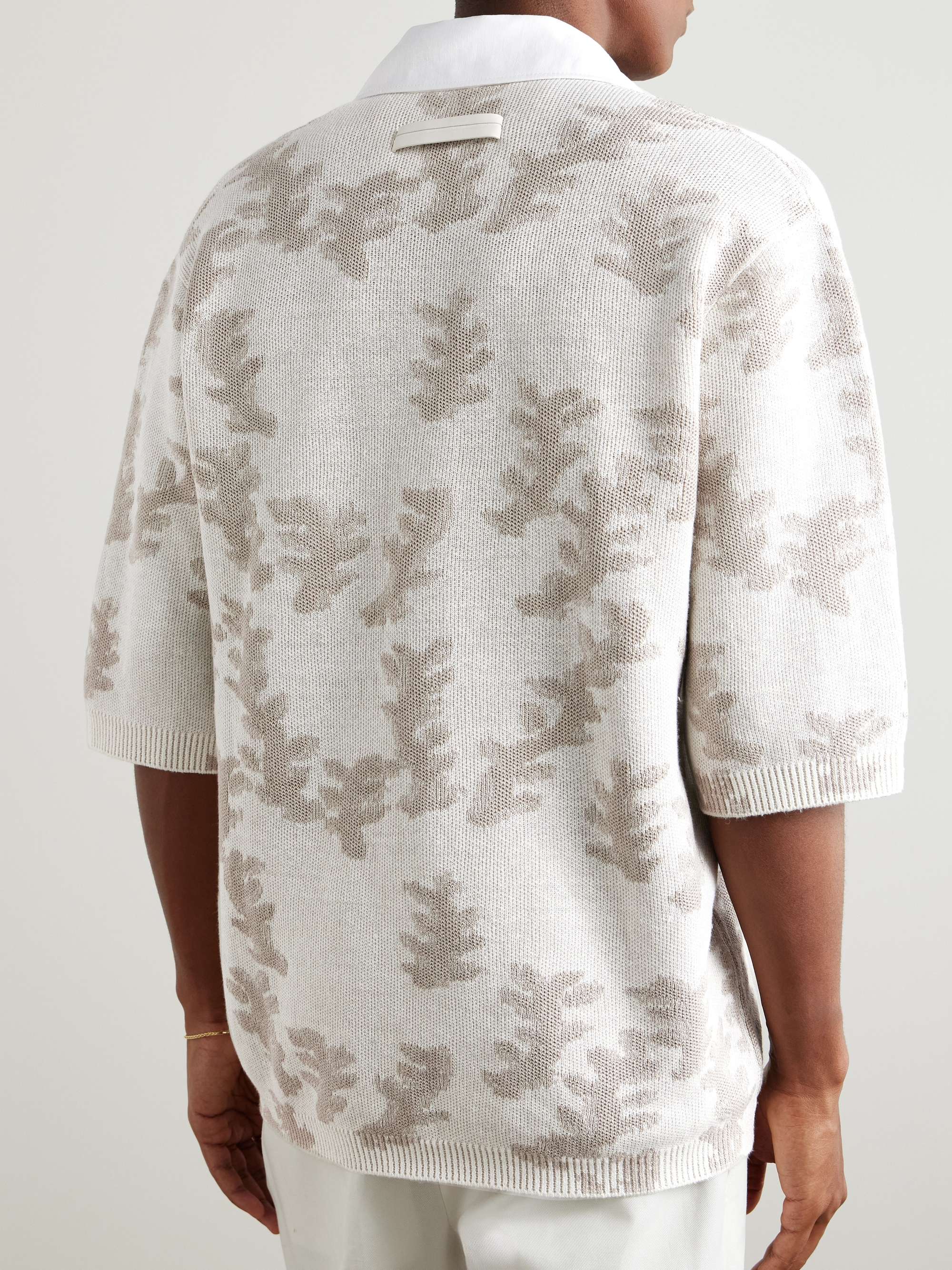 Camp-Collar Poplin-Trimmed Jacquard-Knit Oasi Linen Polo Shirt view