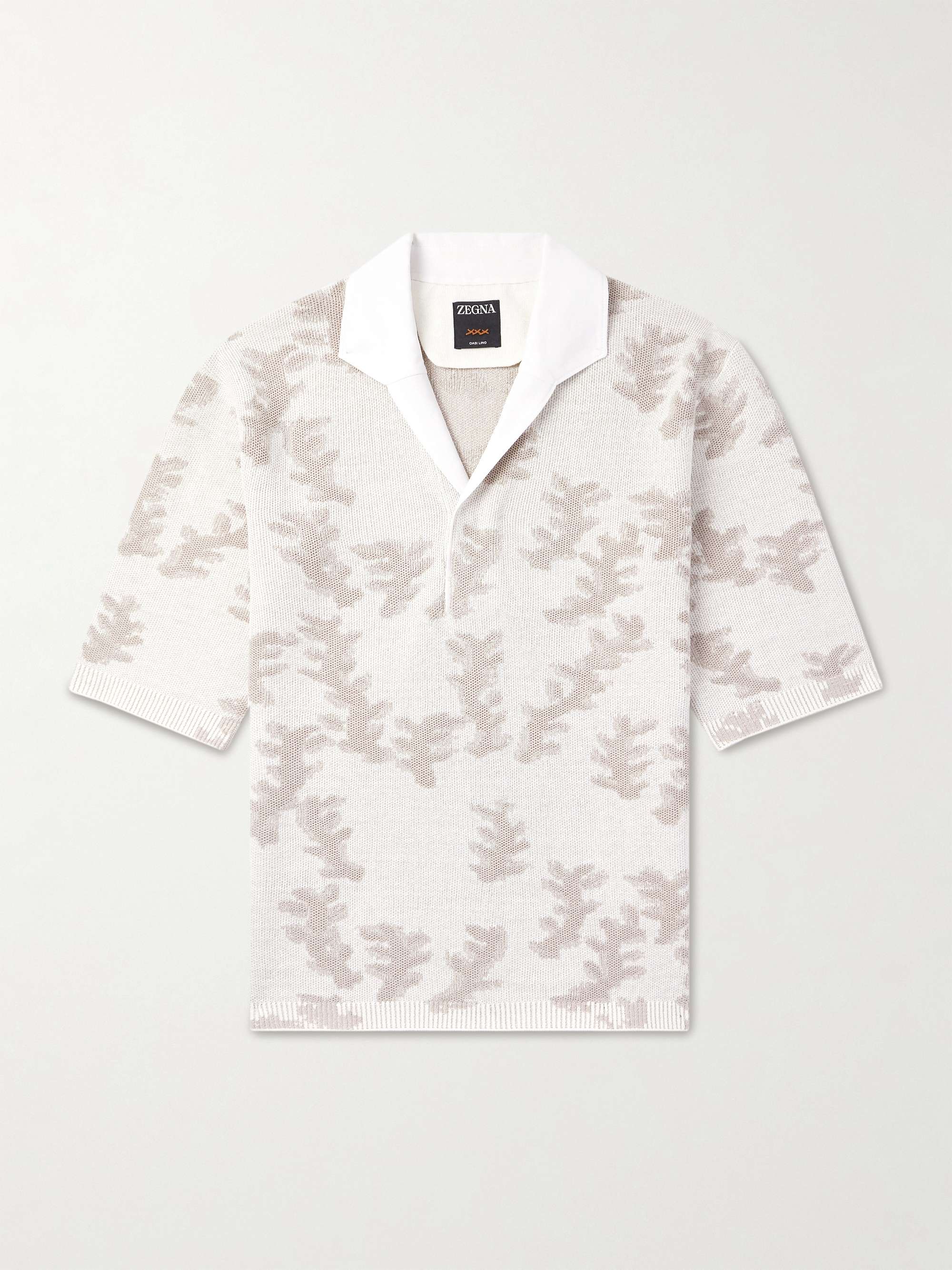 Camp-Collar Poplin-Trimmed Jacquard-Knit Oasi Linen Polo Shirt view