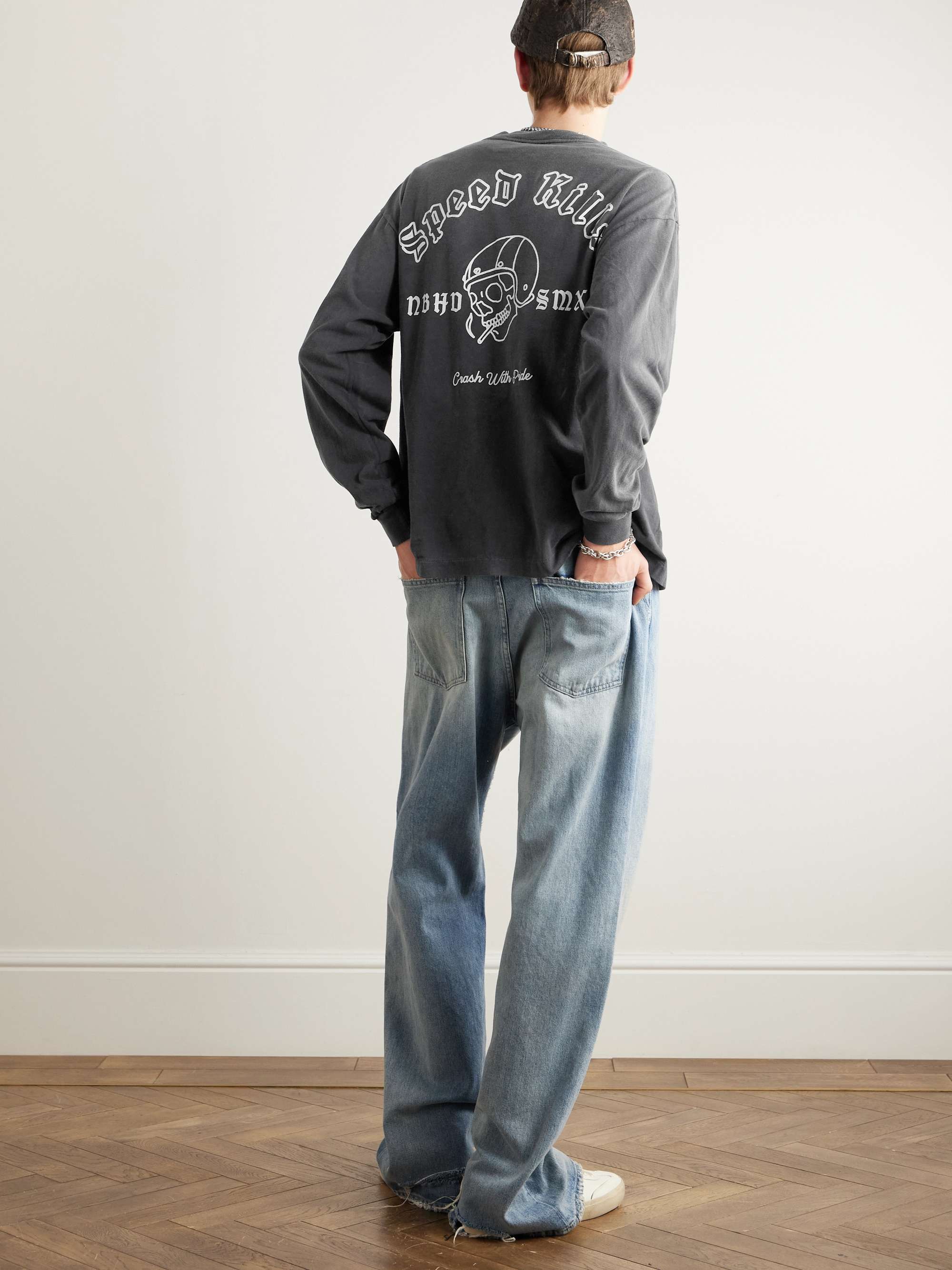 + Neighborhood Speed Kills Distressed Logo-Print Cotton-Jersey T-Shirt view