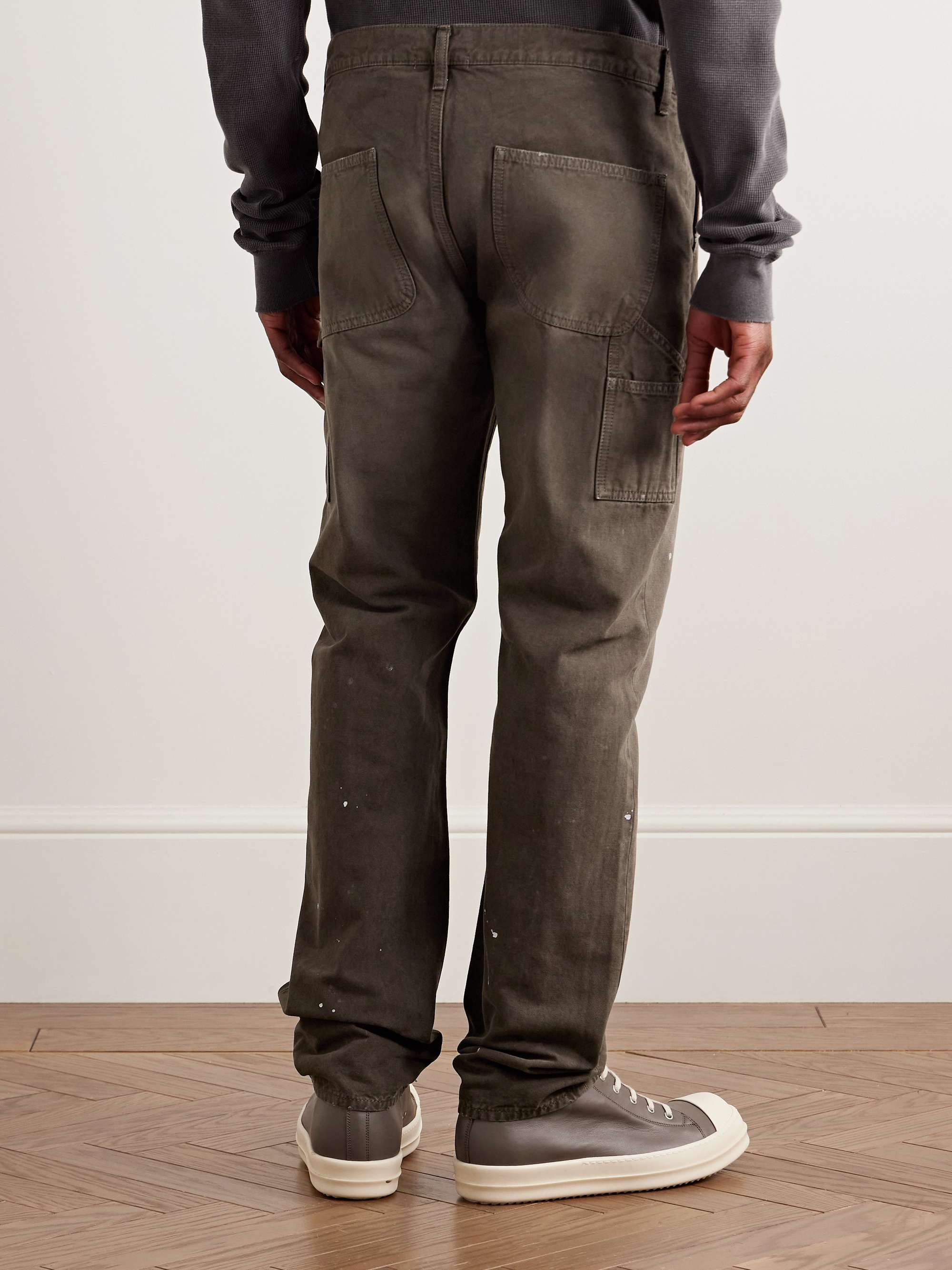 Straight-Leg Distressed Paint-Splattered Cotton-Canvas Trousers view