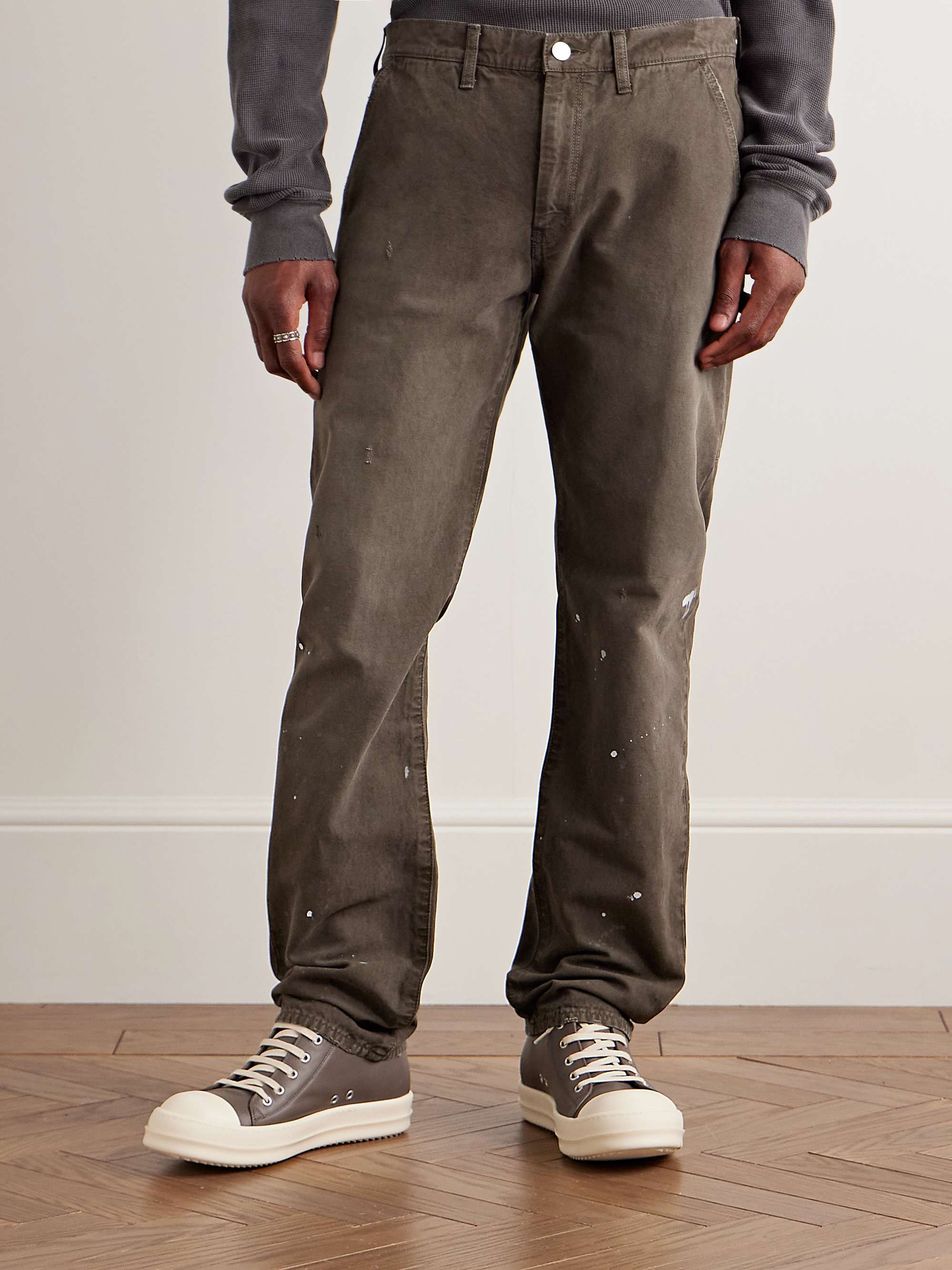 Straight-Leg Distressed Paint-Splattered Cotton-Canvas Trousers view