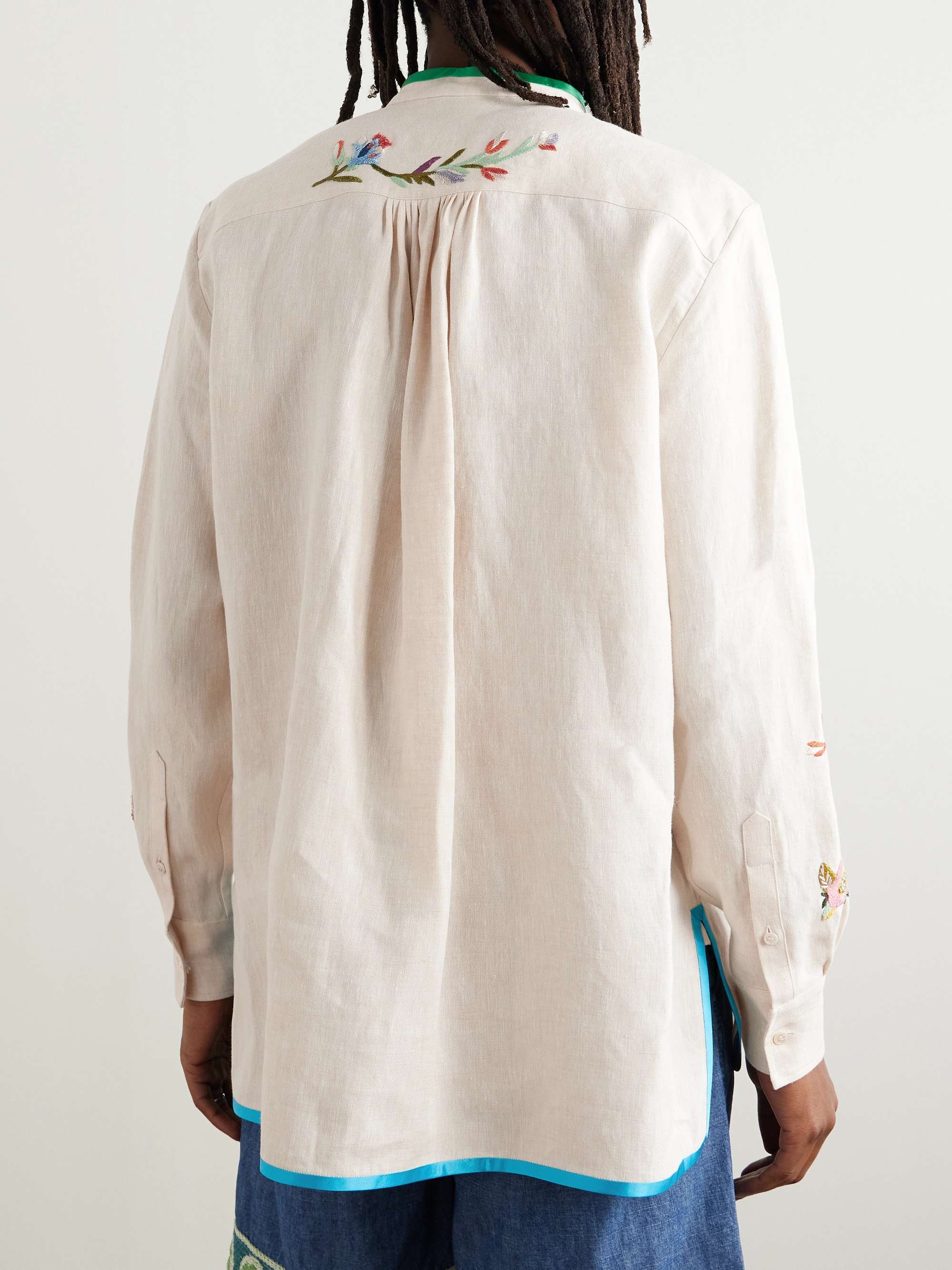 Grandad-Collar Satin-Trimmed Embroidered Linen Shirt view