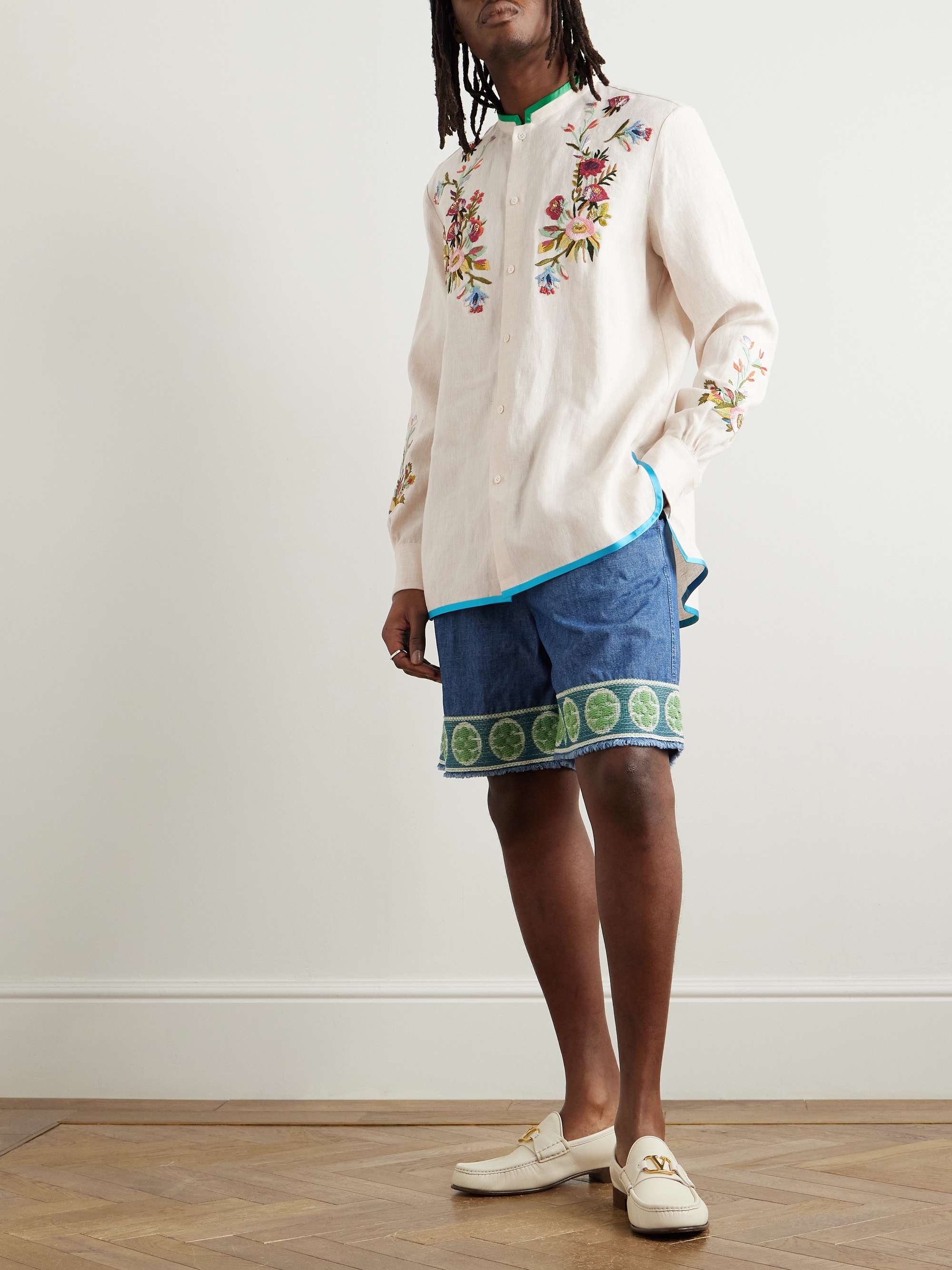 Grandad-Collar Satin-Trimmed Embroidered Linen Shirt view