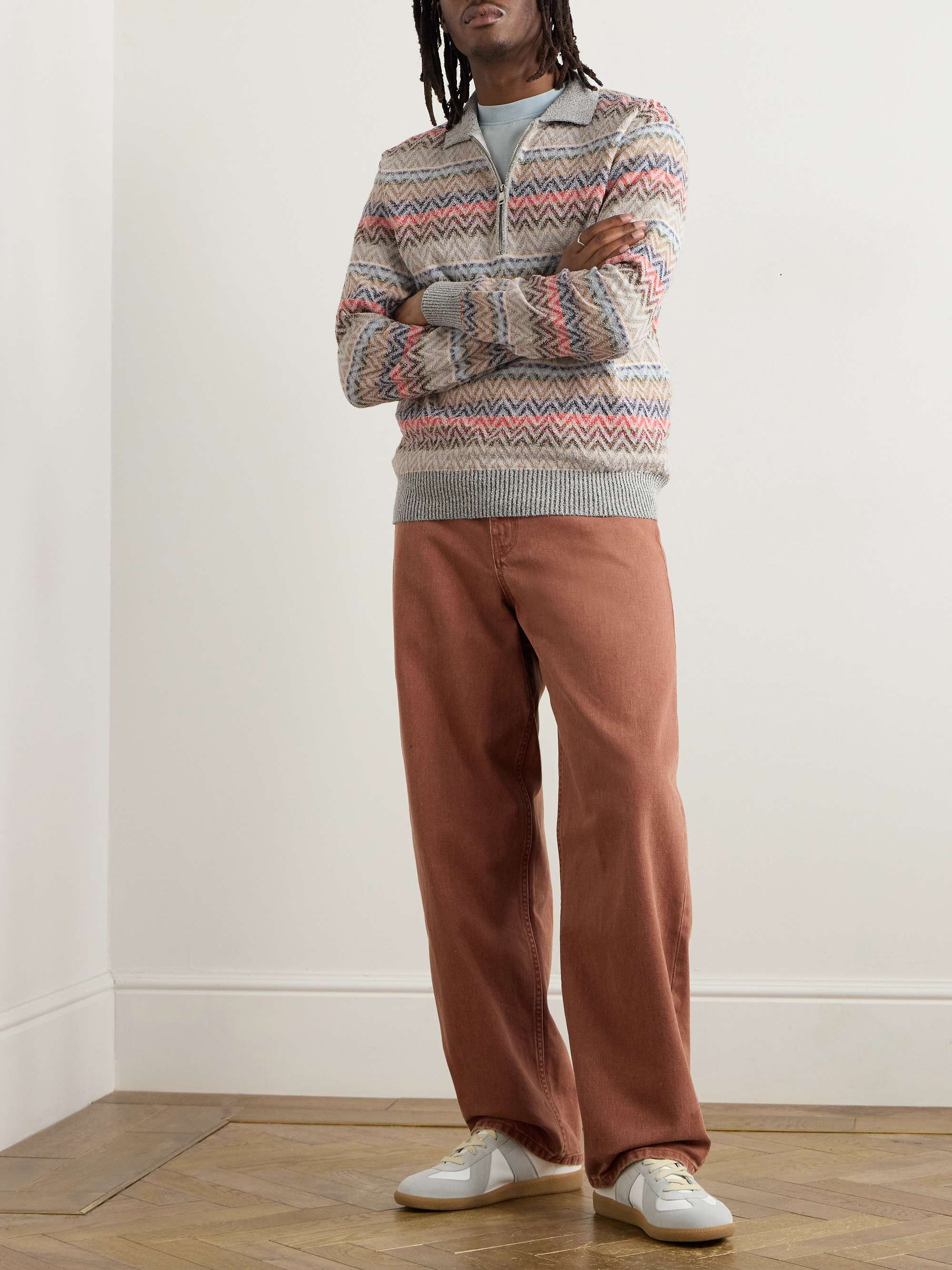Striped Cotton-Blend Jacquard Half-Zip Polo Shirt view
