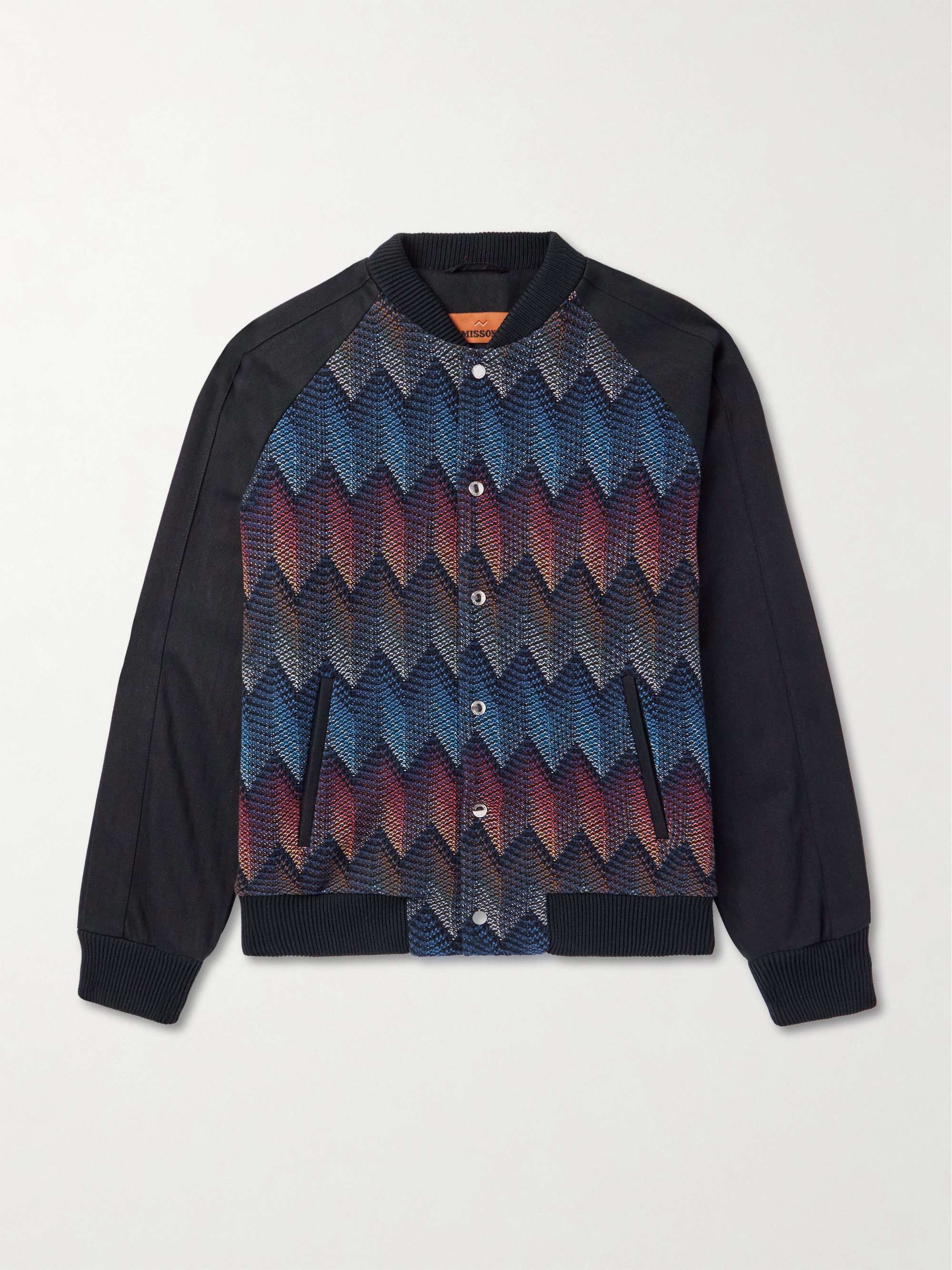 Jacquard-Knit Panelled Herringbone Cotton-Blend Drill Bomber Jacket view