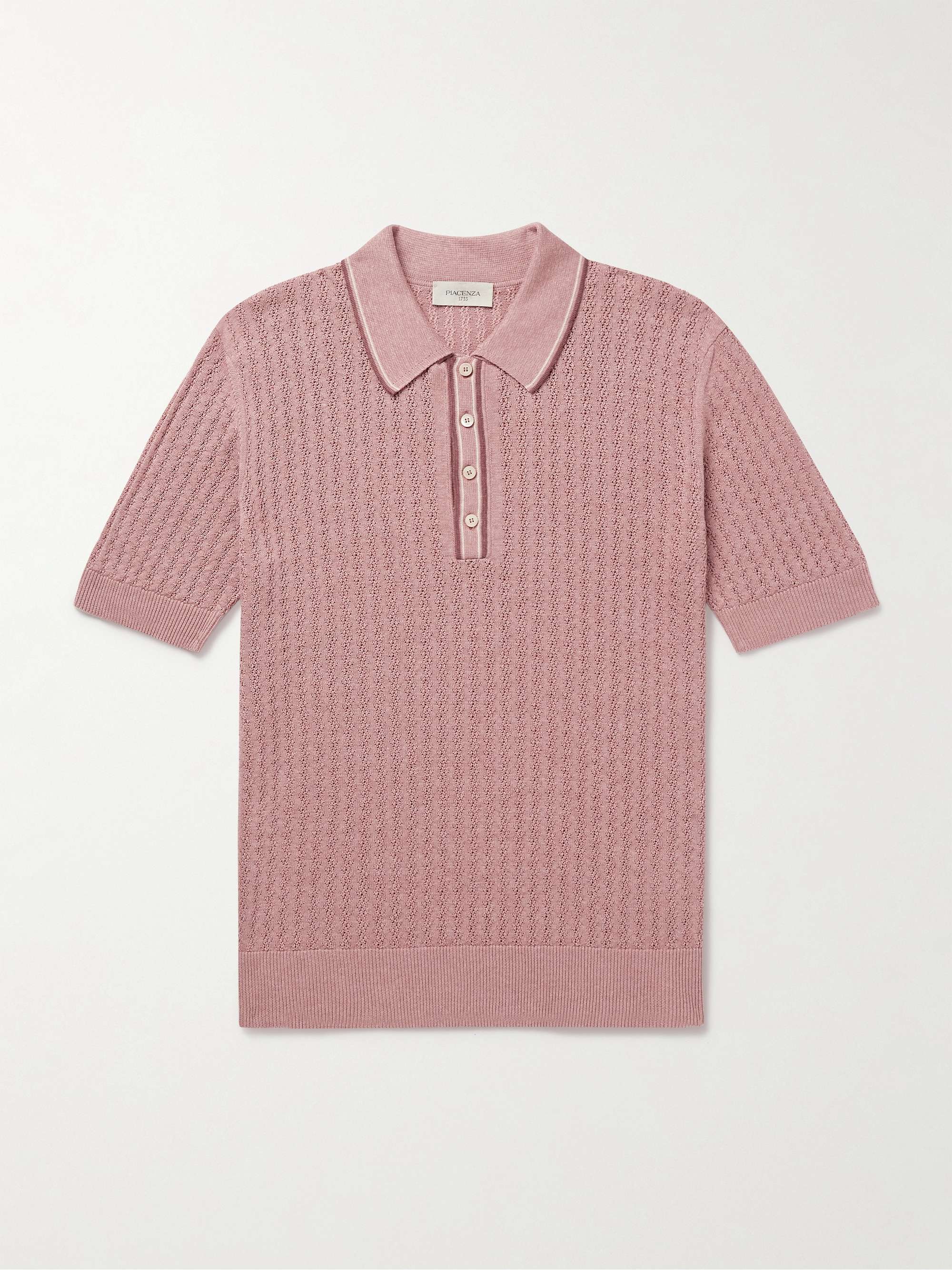 Striped Pointelle-Knit Silk and Linen-Blend Polo Shirt view