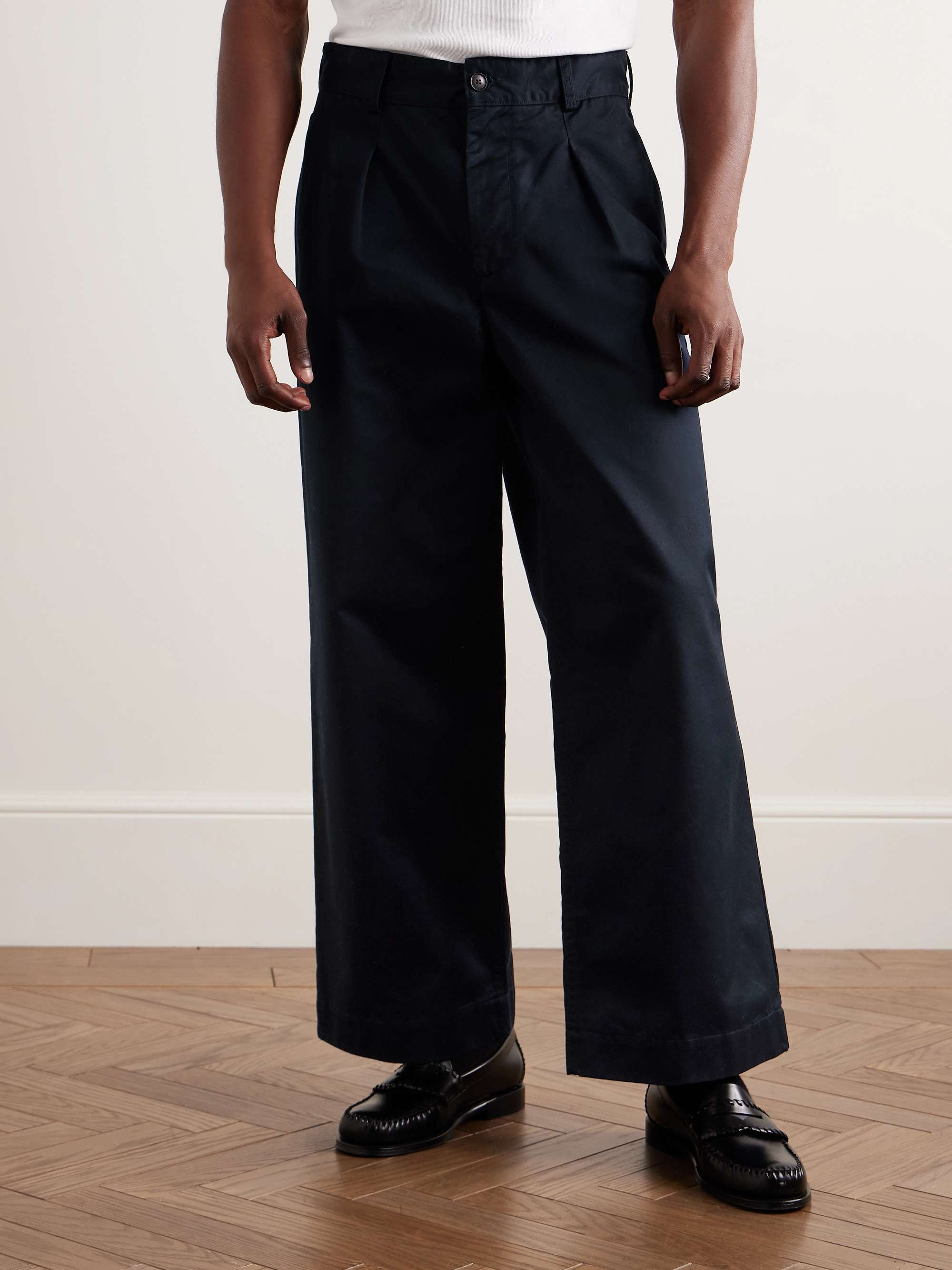 Wide-Leg Pleated Cotton-Twill Trousers view