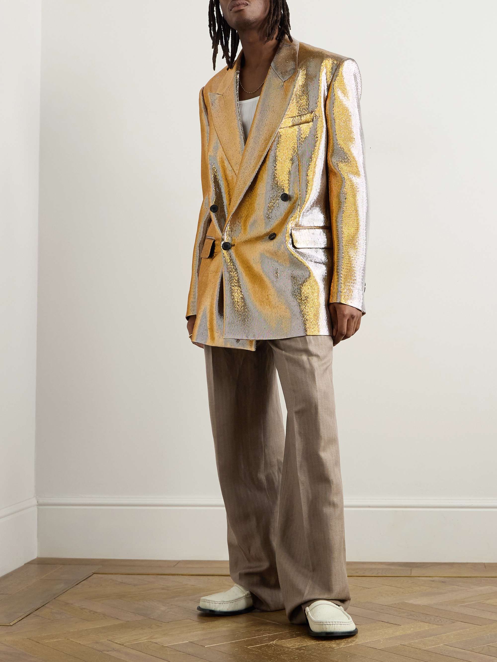 Wide-Leg Pleated Striped Linen and Wool-Blend Twill Trousers view