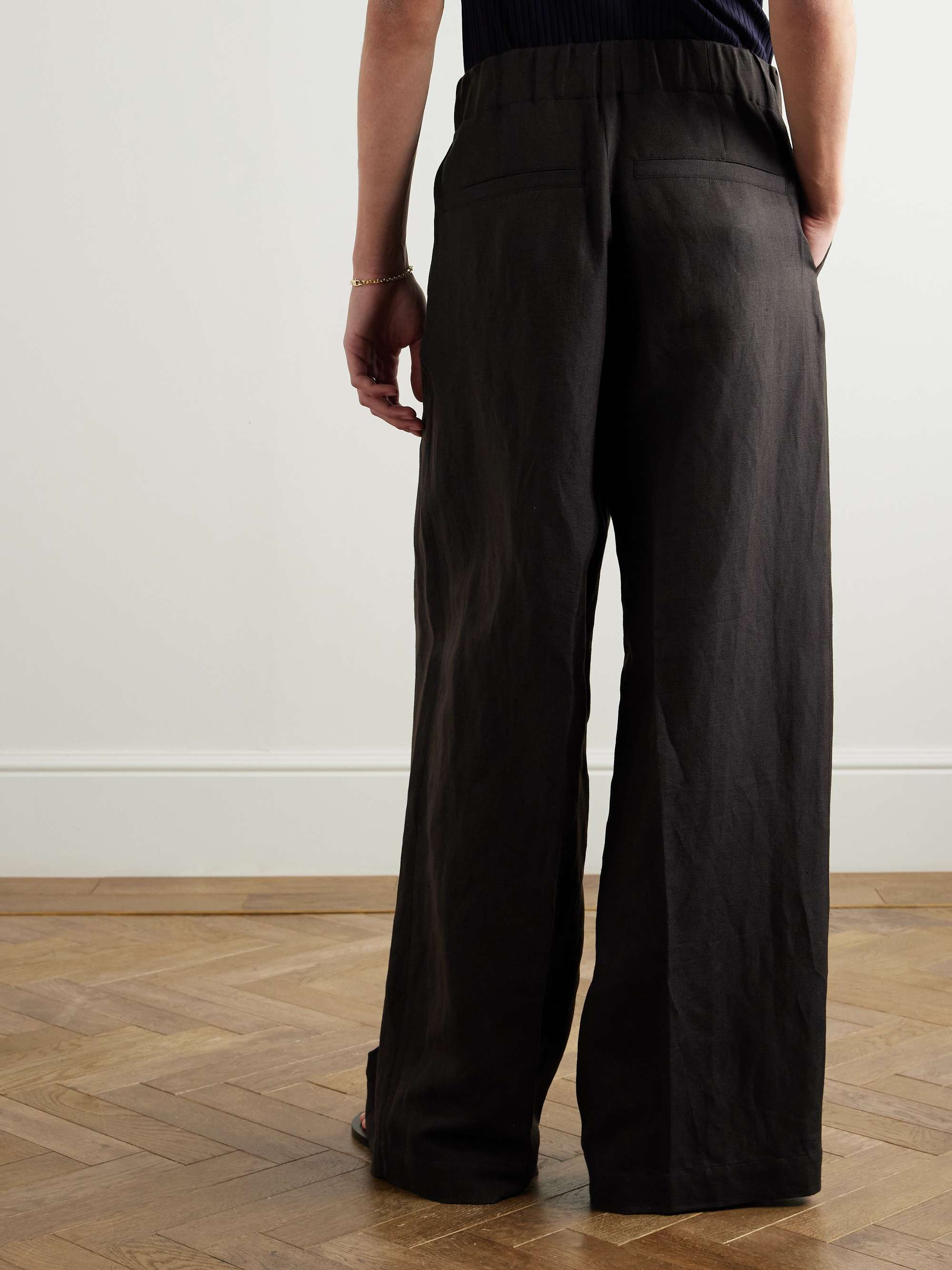 Wide-Leg Herringbone Linen and Wool-Blend Trousers view