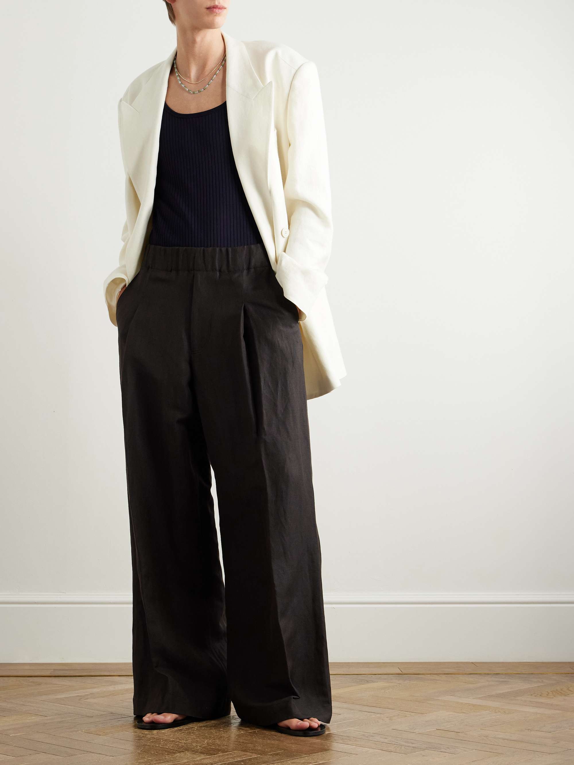 Wide-Leg Herringbone Linen and Wool-Blend Trousers view