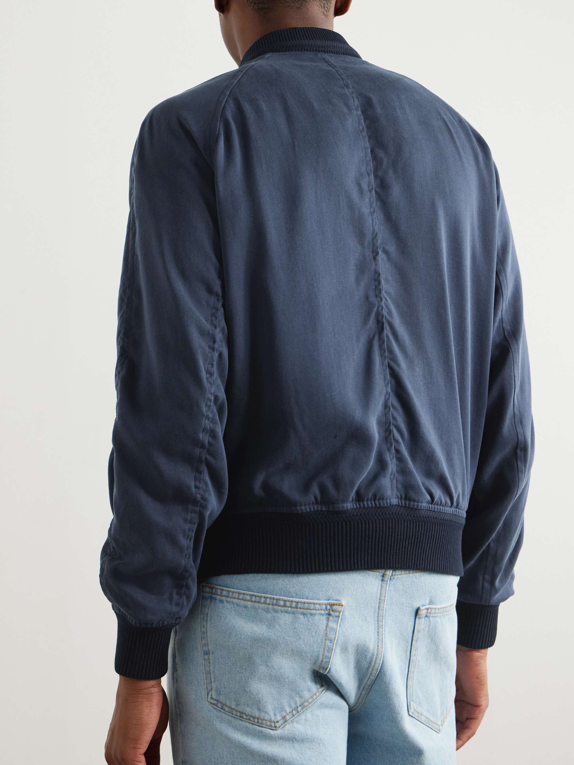 Leather-Trimmed Lyocell-Twill Bomber Jacket view