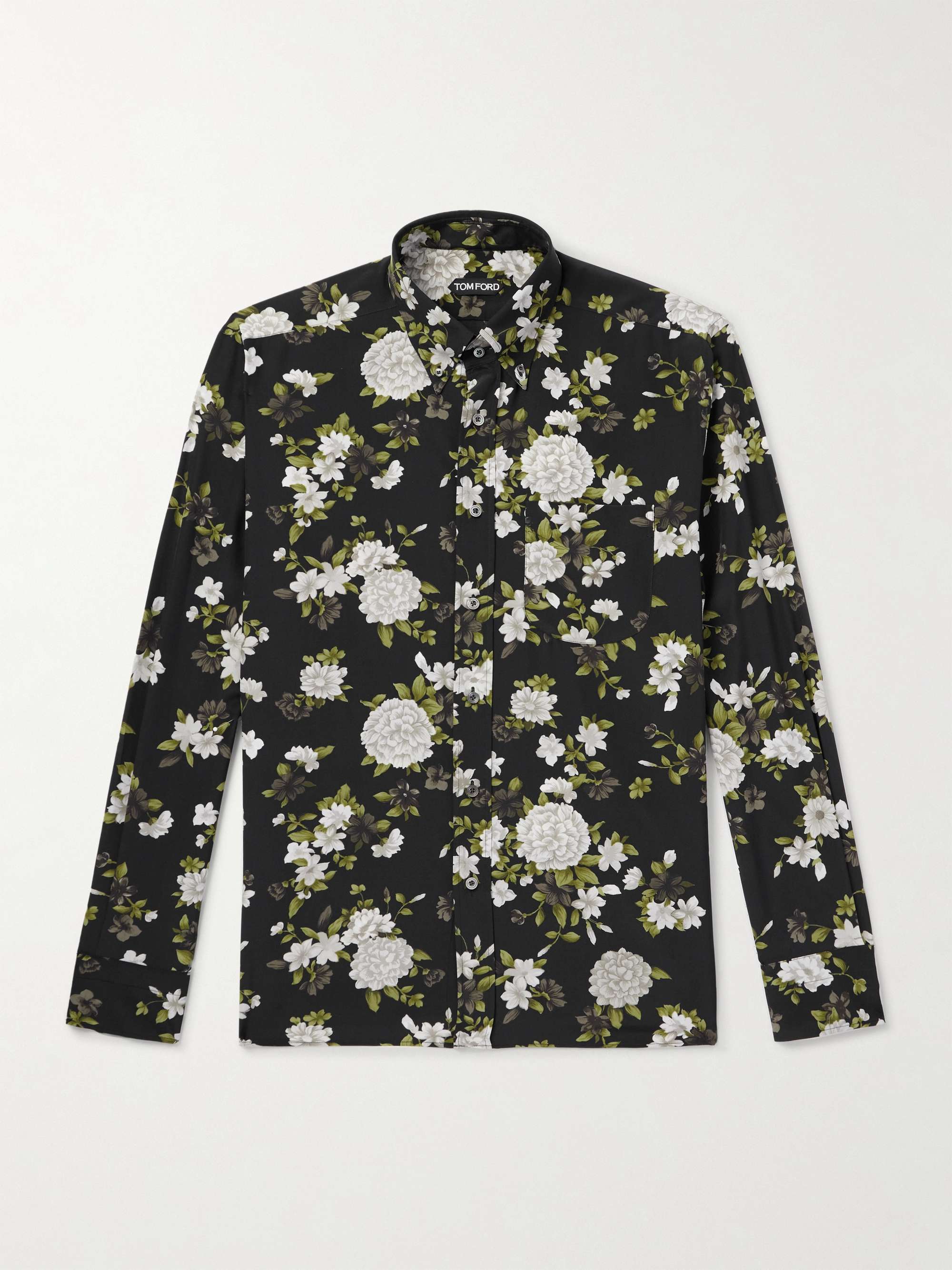 Hendrix Button-Down Collar Floral-Print Silk-Crepe Shirt view