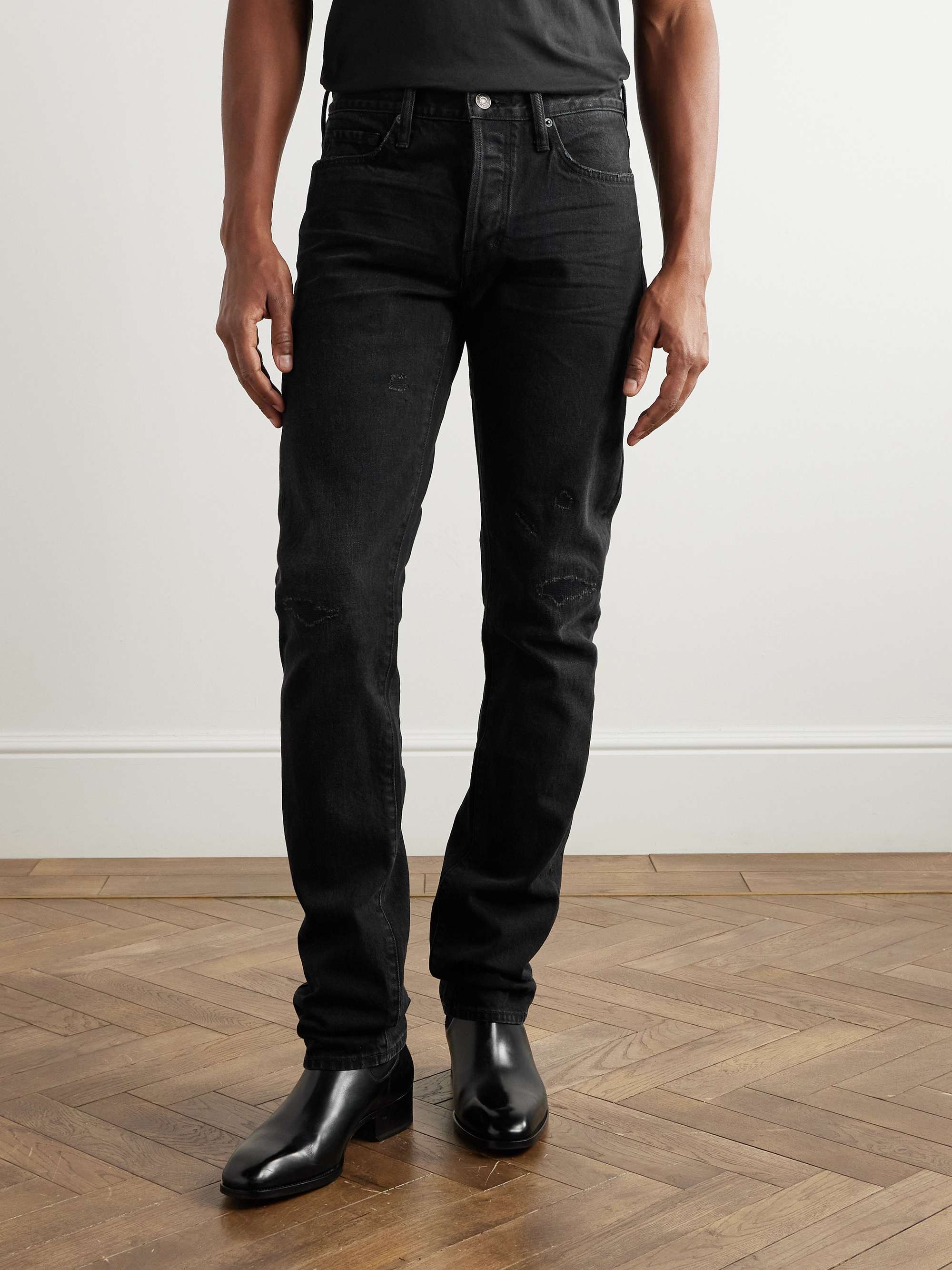 Slim-Fit Distressed Selvedge Jeans view