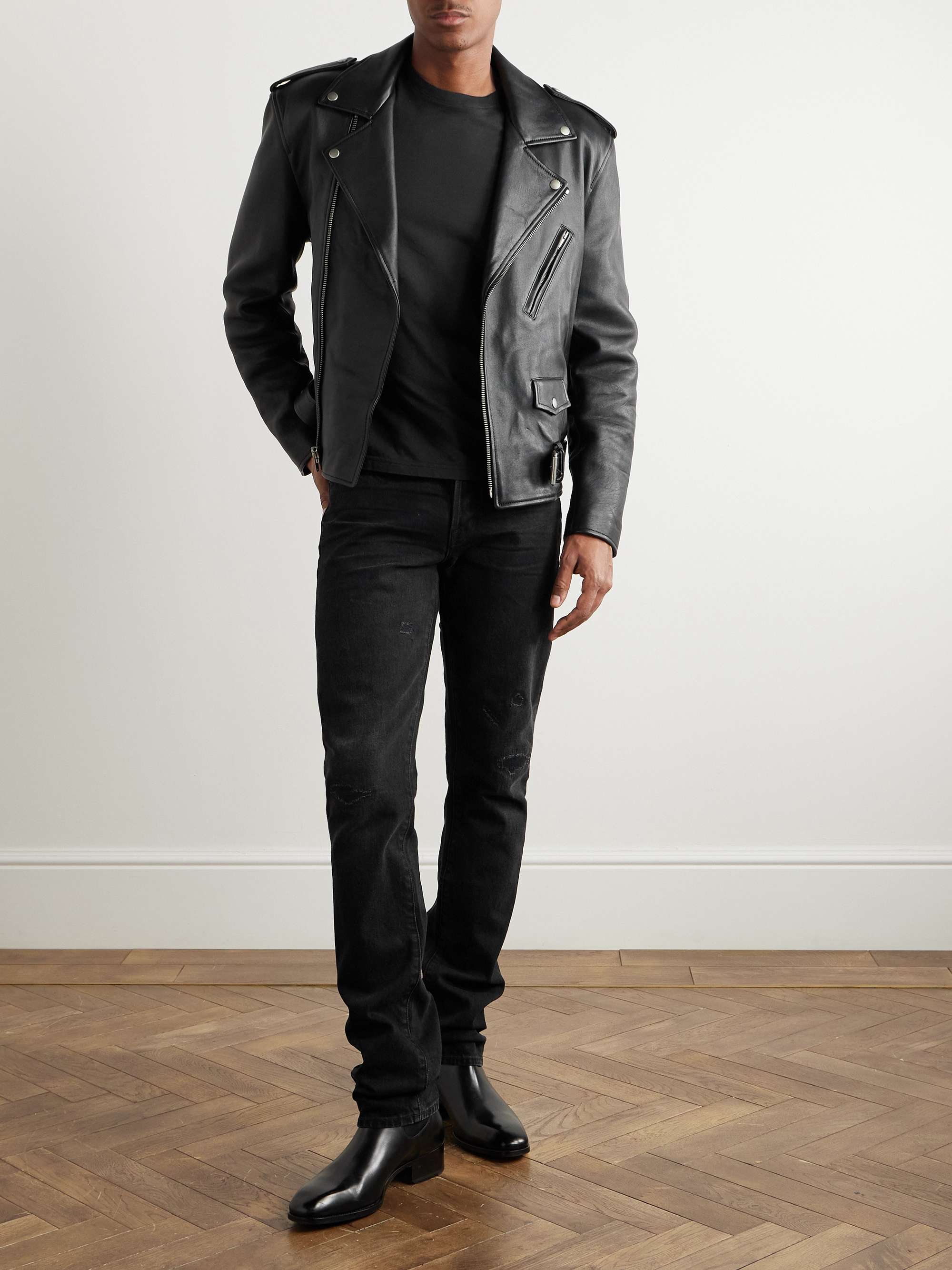 Slim-Fit Distressed Selvedge Jeans view