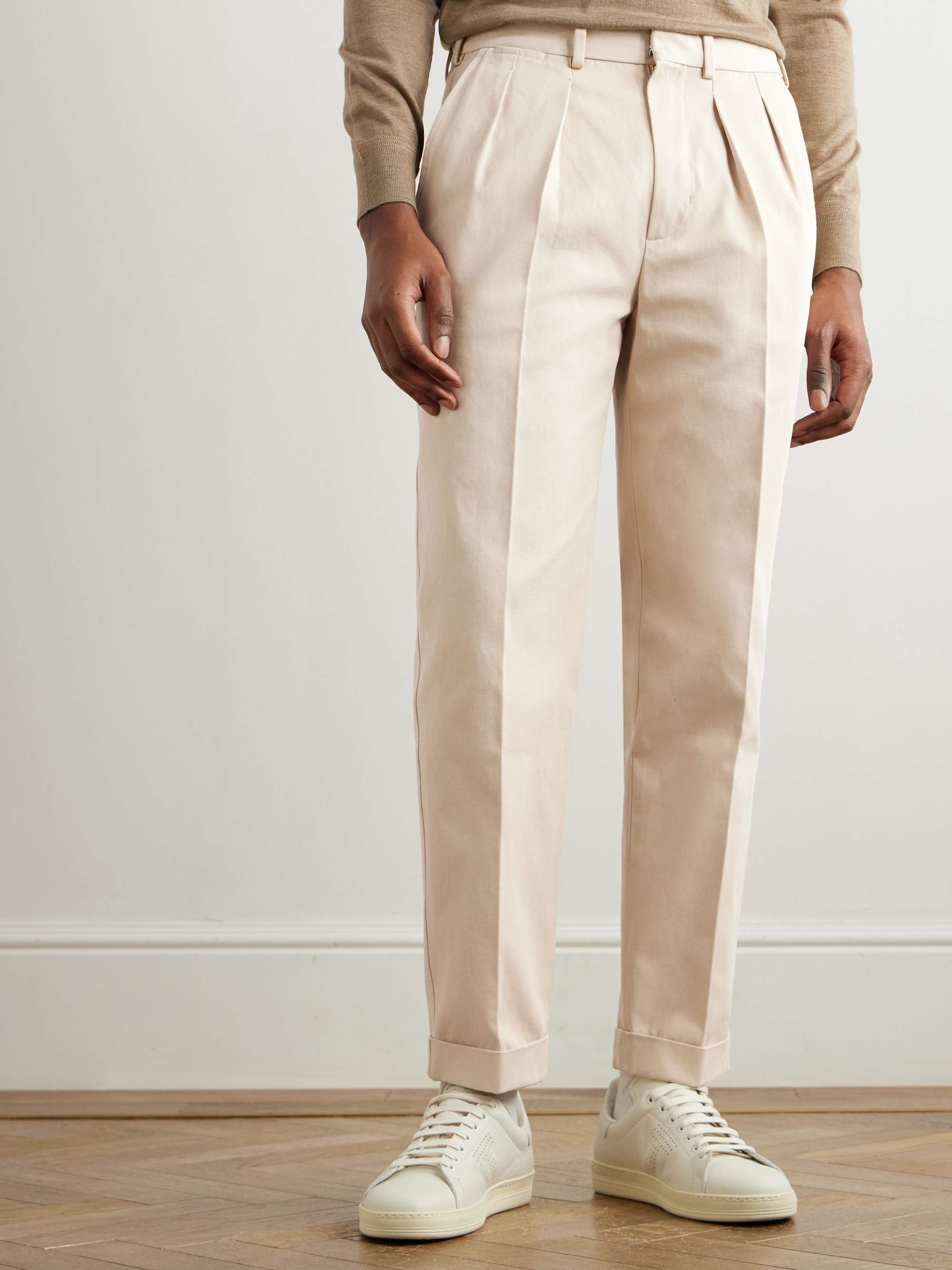 Straight-Leg Pleated Cotton-Gabardine Trousers view
