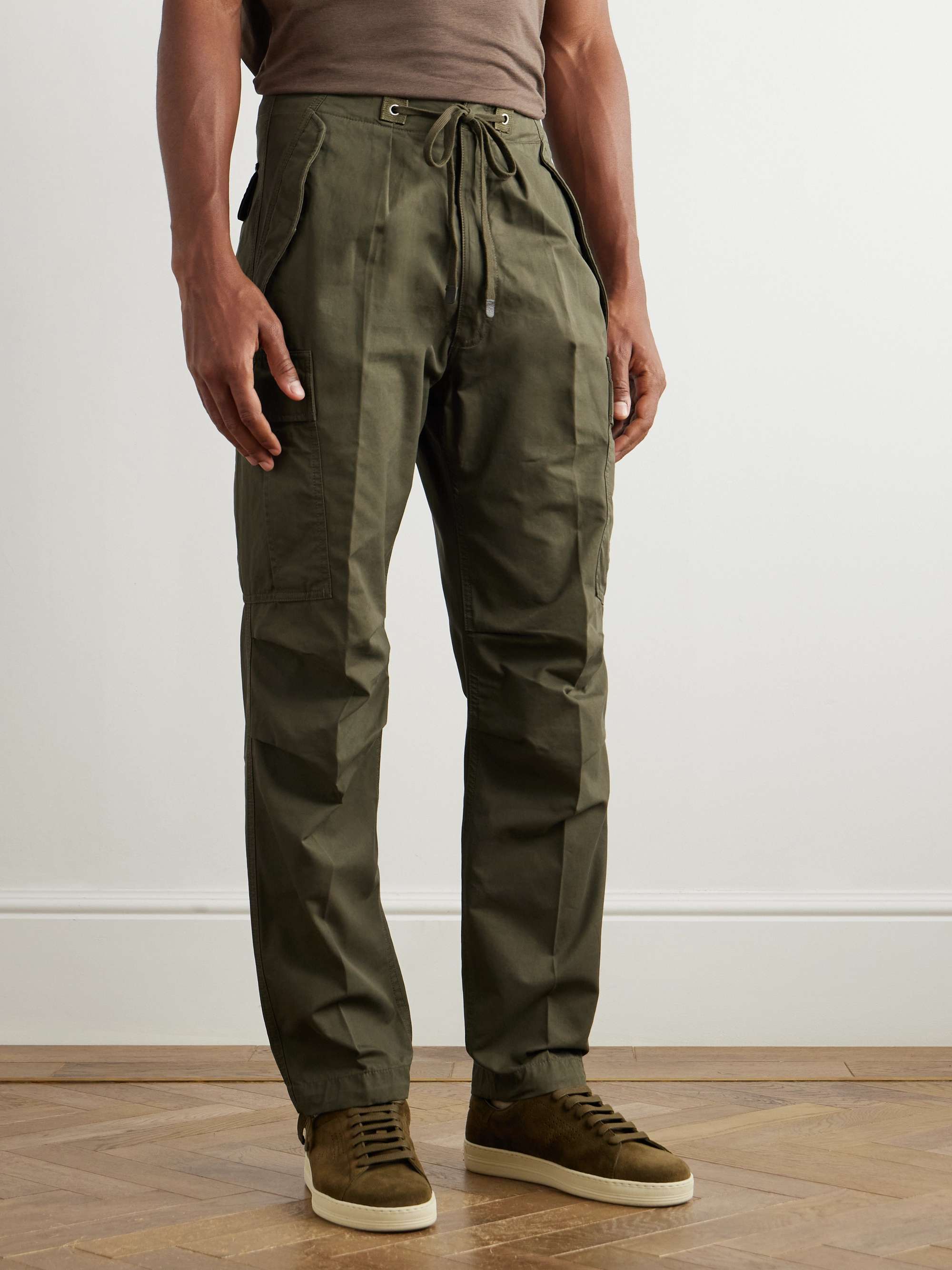 Straight-Leg Pleated Cotton-Twill Drawstring Cargo Trousers view