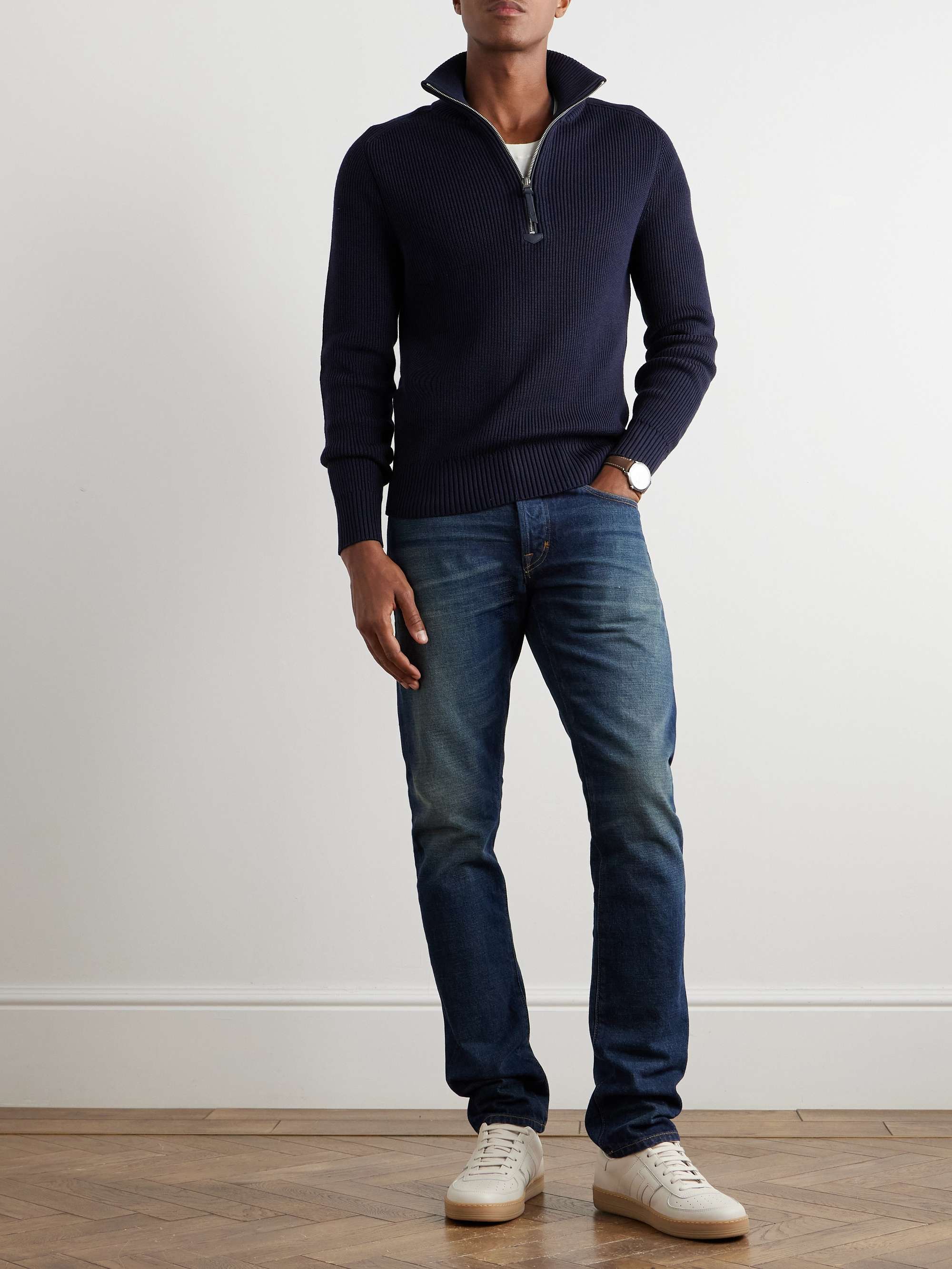 Slim-Fit Ribbed Silk and Merino Wool-Blend Half-Zip Sweater view