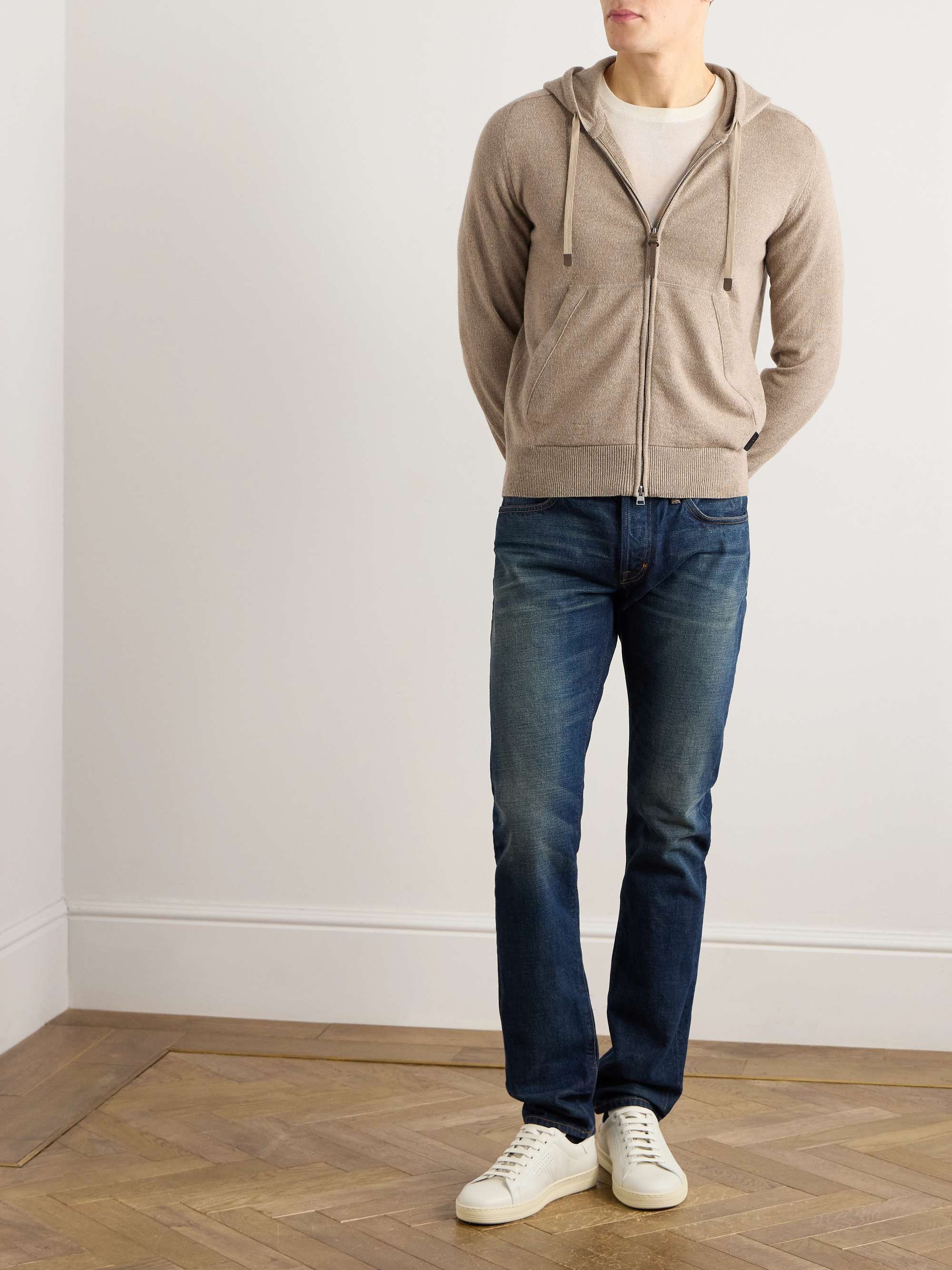 Slim-Fit Leather-Trimmed Cashmere and Wool-Blend Hoodie view