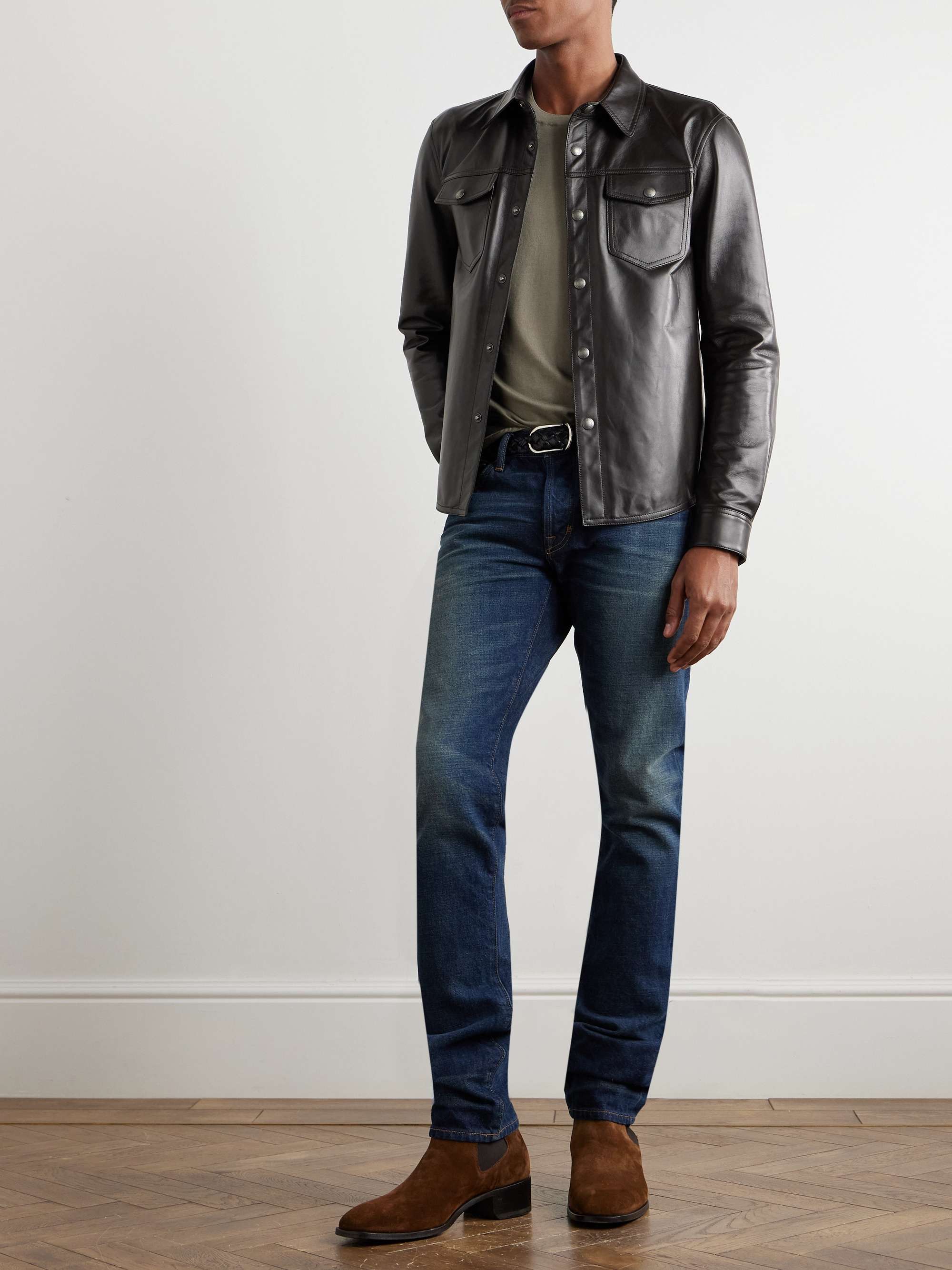 Slim-Fit Leather Shirt Jacket view