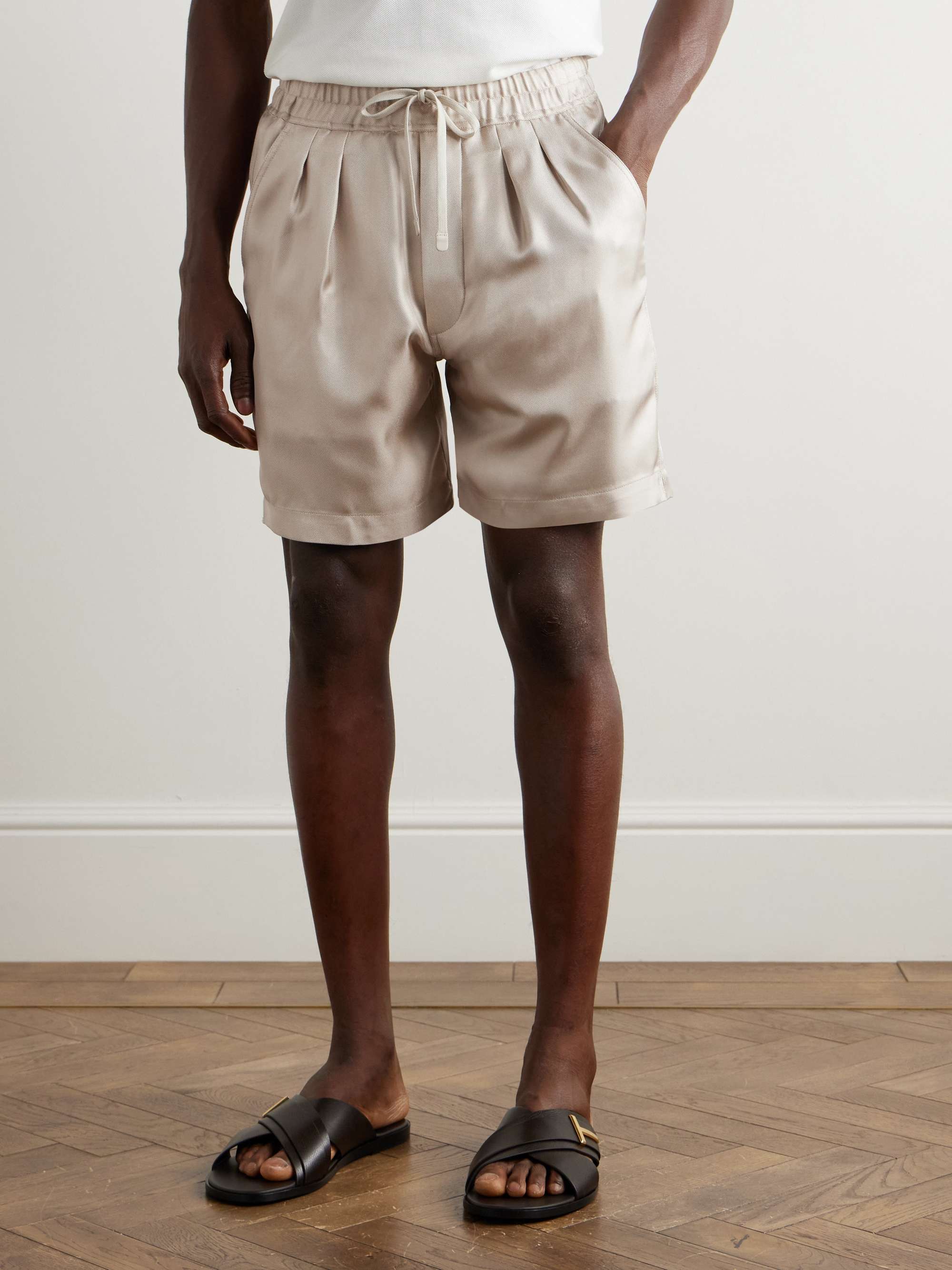 Straight-Leg Pleated Silk-Twill Shorts view