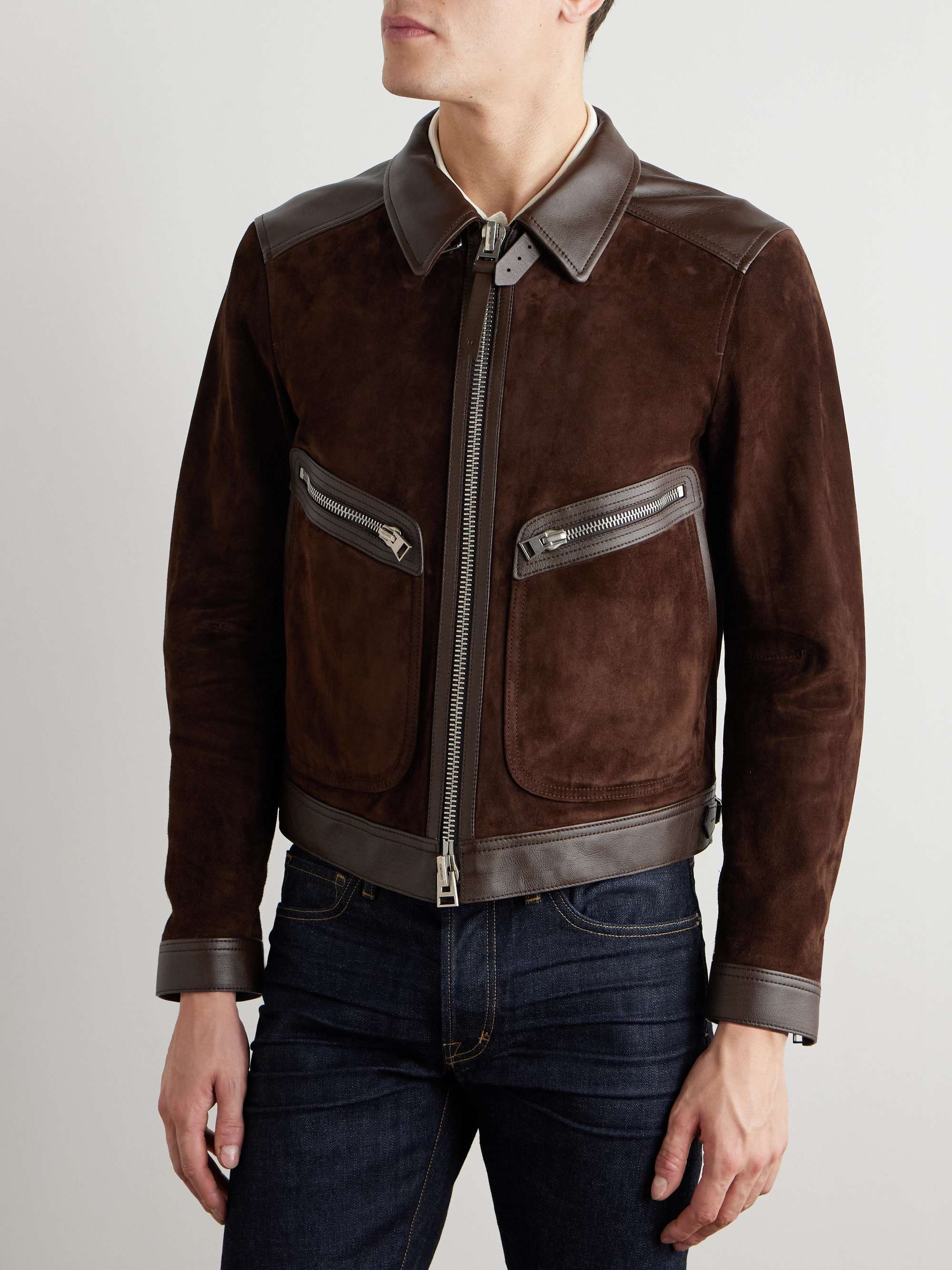 Slim-Fit Leather-Trimmed Suede Jacket view