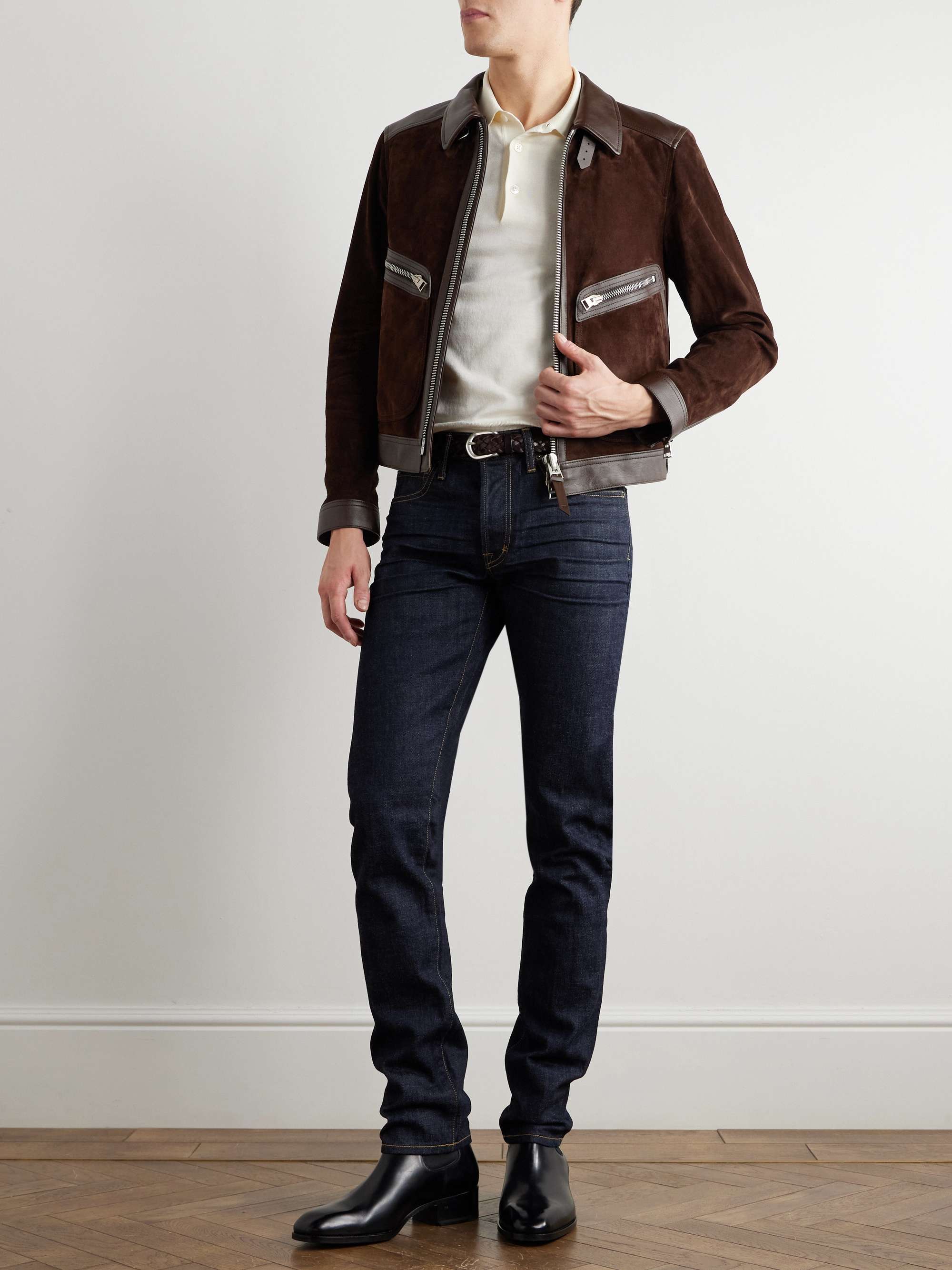 Slim-Fit Leather-Trimmed Suede Jacket view