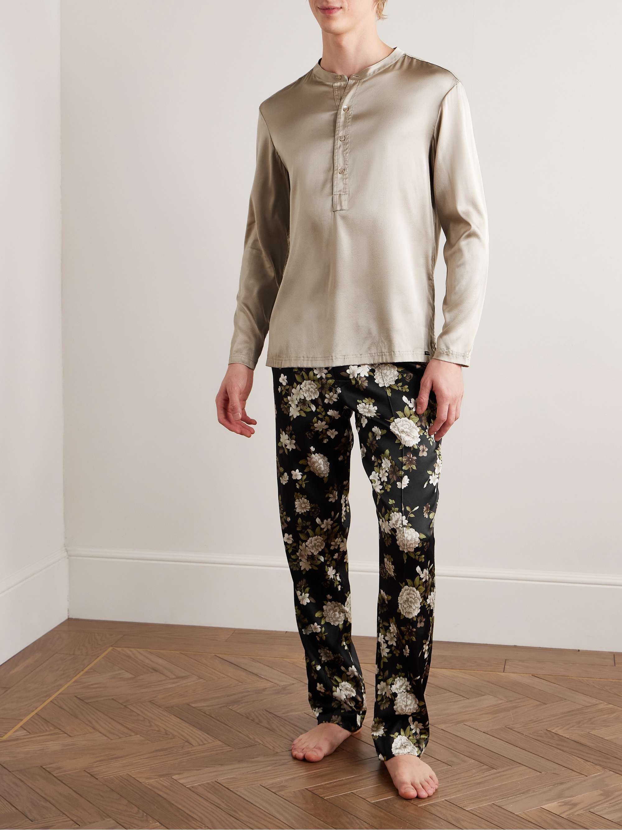 Velvet-Trimmed Floral-Print Stretch-Silk Satin Pyjama Trousers view
