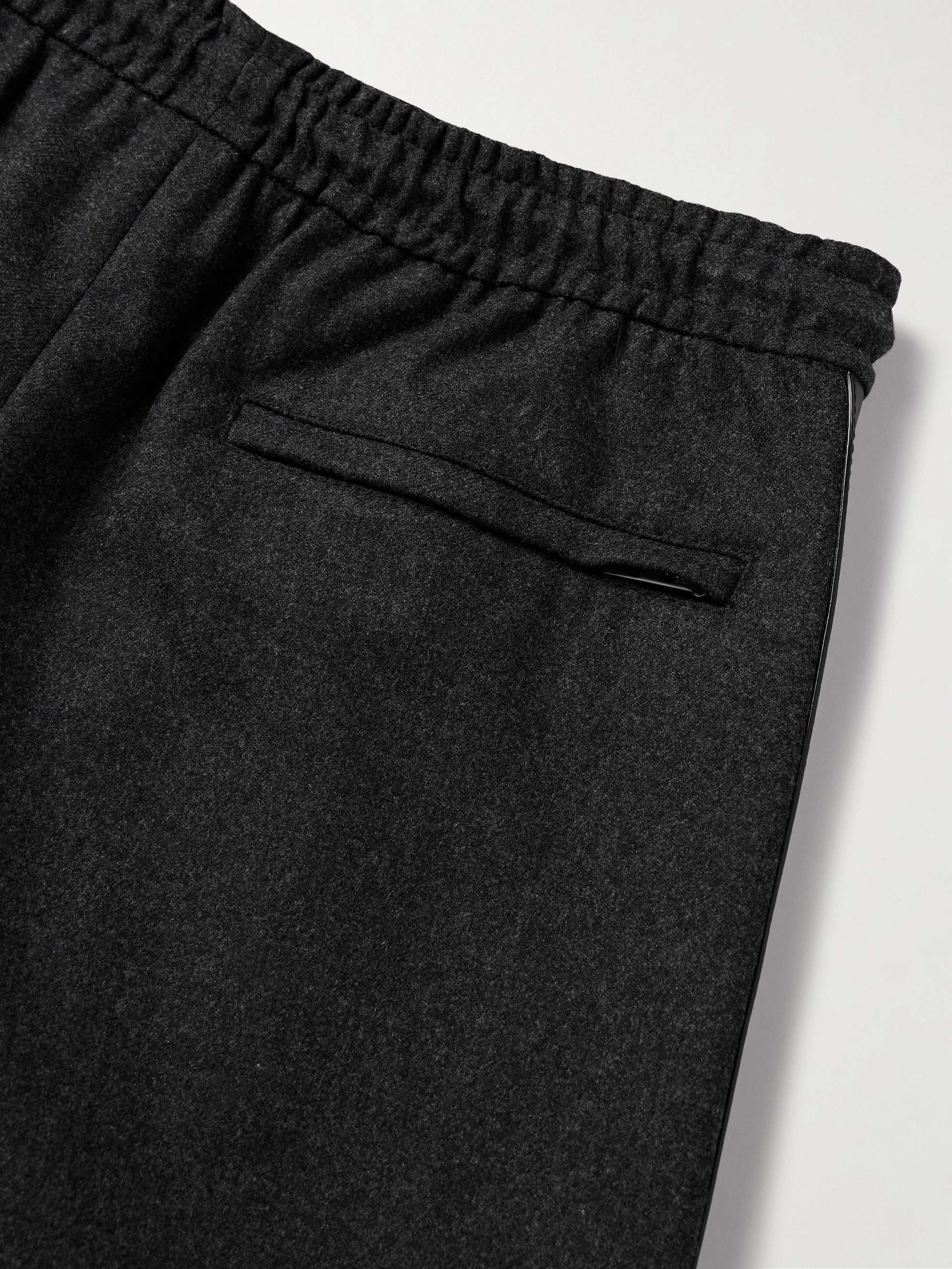 Straight-Leg Leather-Trimmed Wool and Cashmere-Blend Flannel Drawstring Trousers view