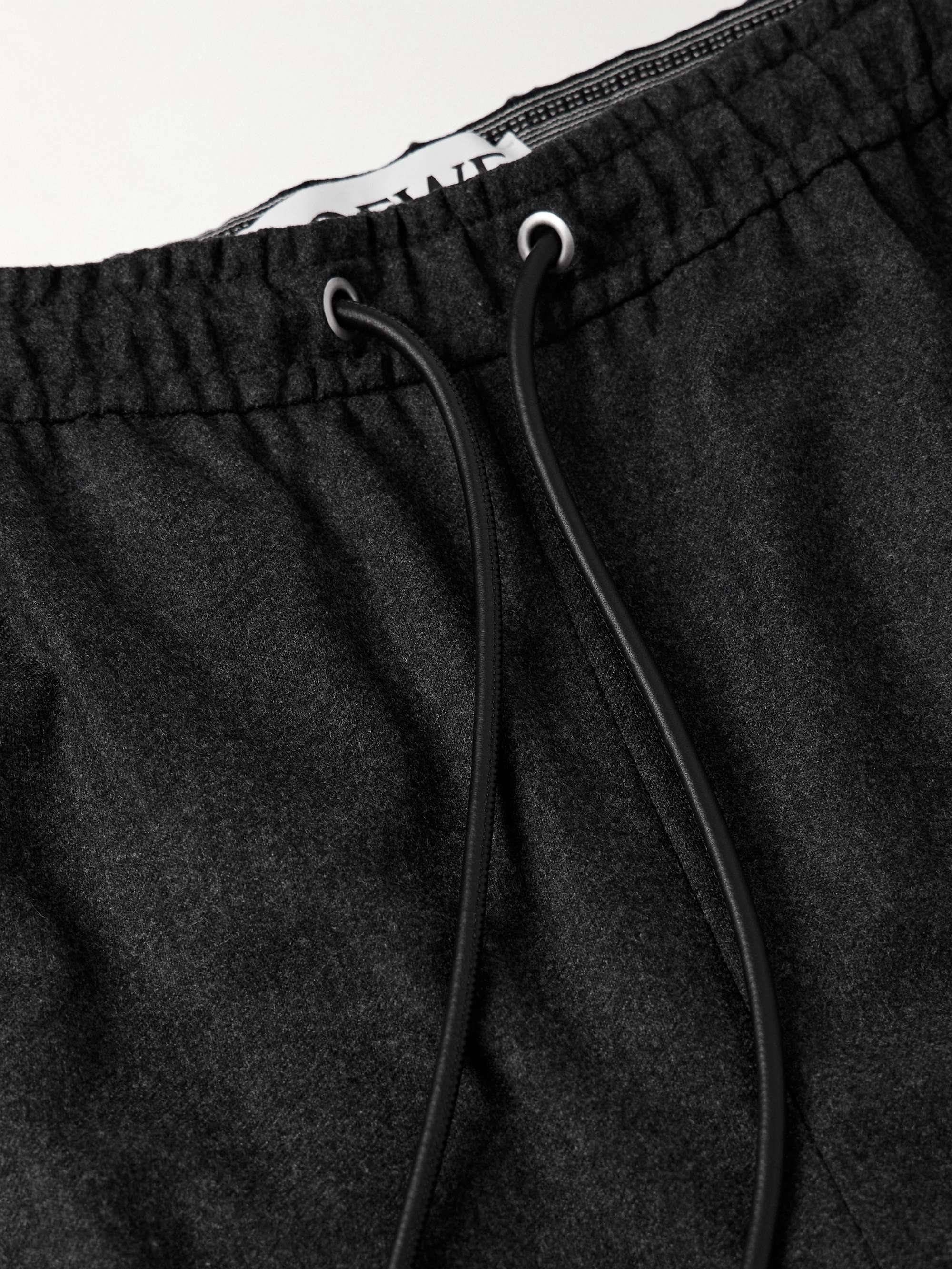 Straight-Leg Leather-Trimmed Wool and Cashmere-Blend Flannel Drawstring Trousers view