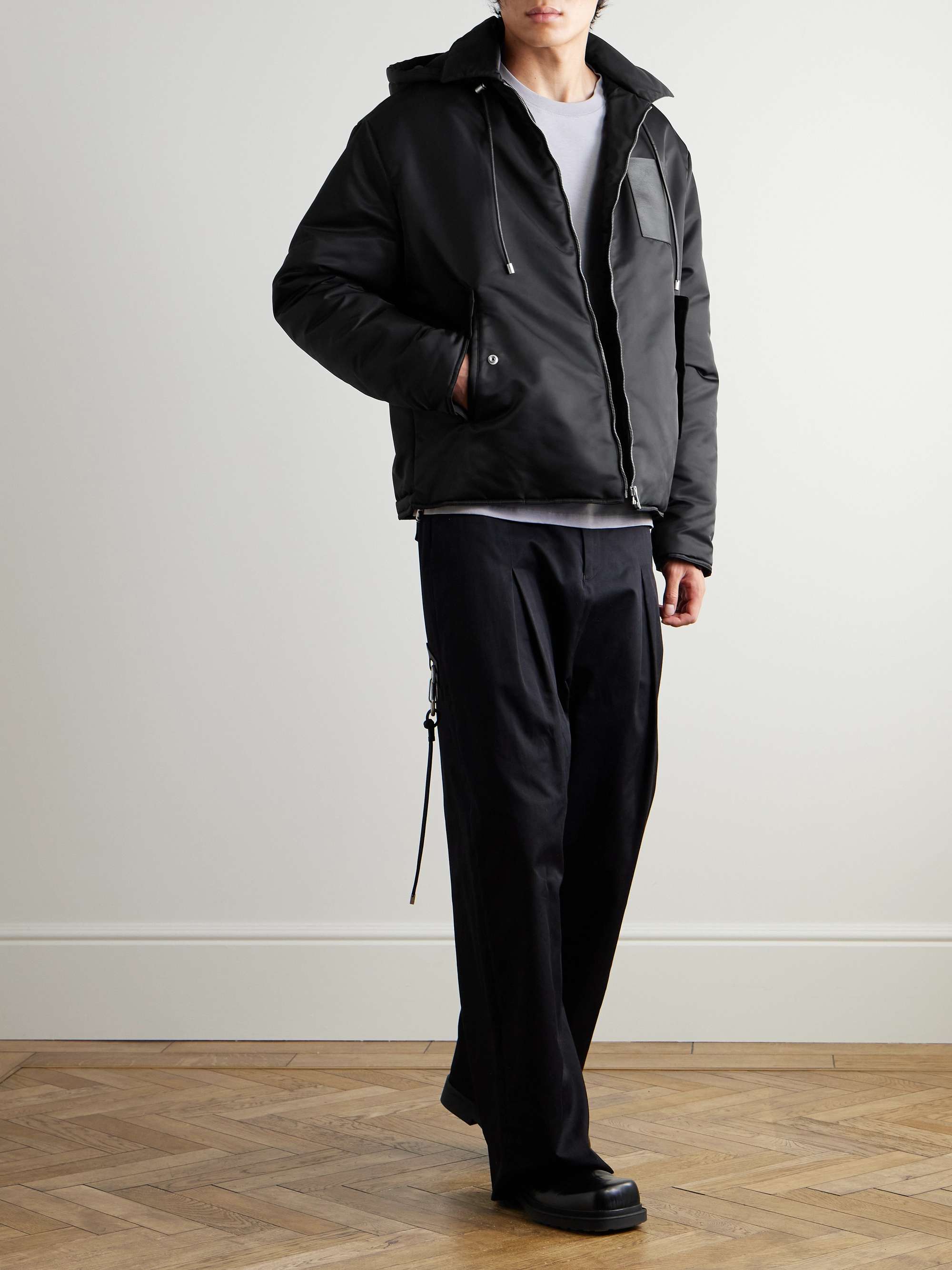 Leather-Trimmed Nylon-Twill Hooded Jacket view