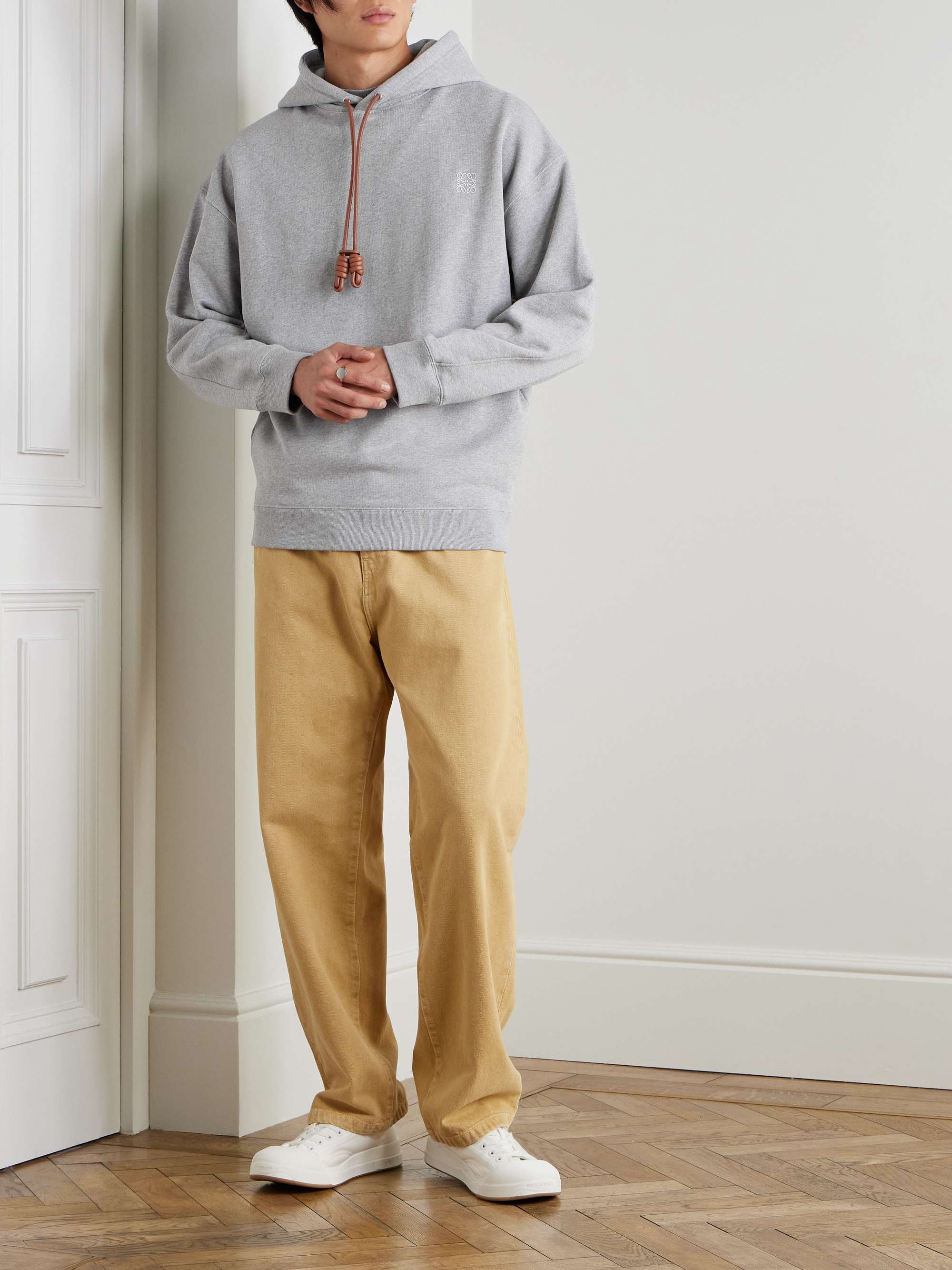 Logo-Embroidered Leather-Trimmed Cotton-Jersey Hoodie view