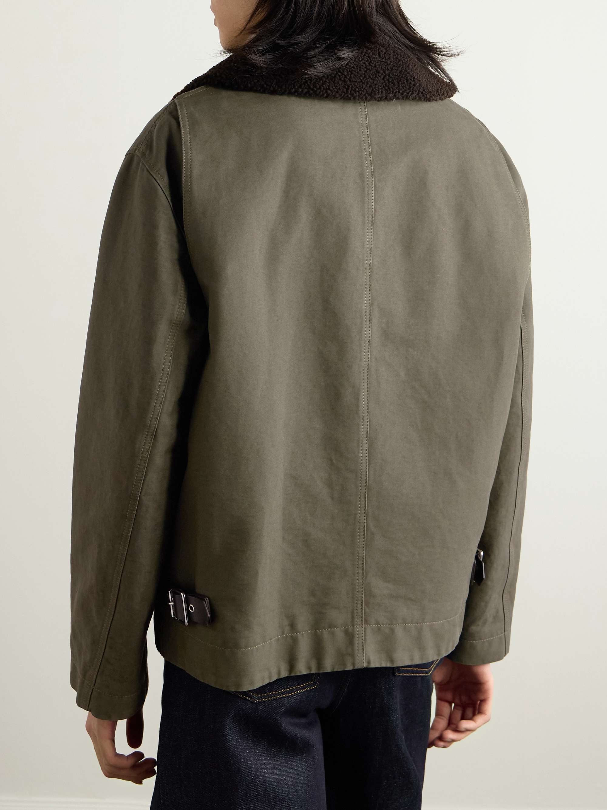 Shearling and Leather-Trimmed Garment-Dyed Cotton-Twill Jacket view
