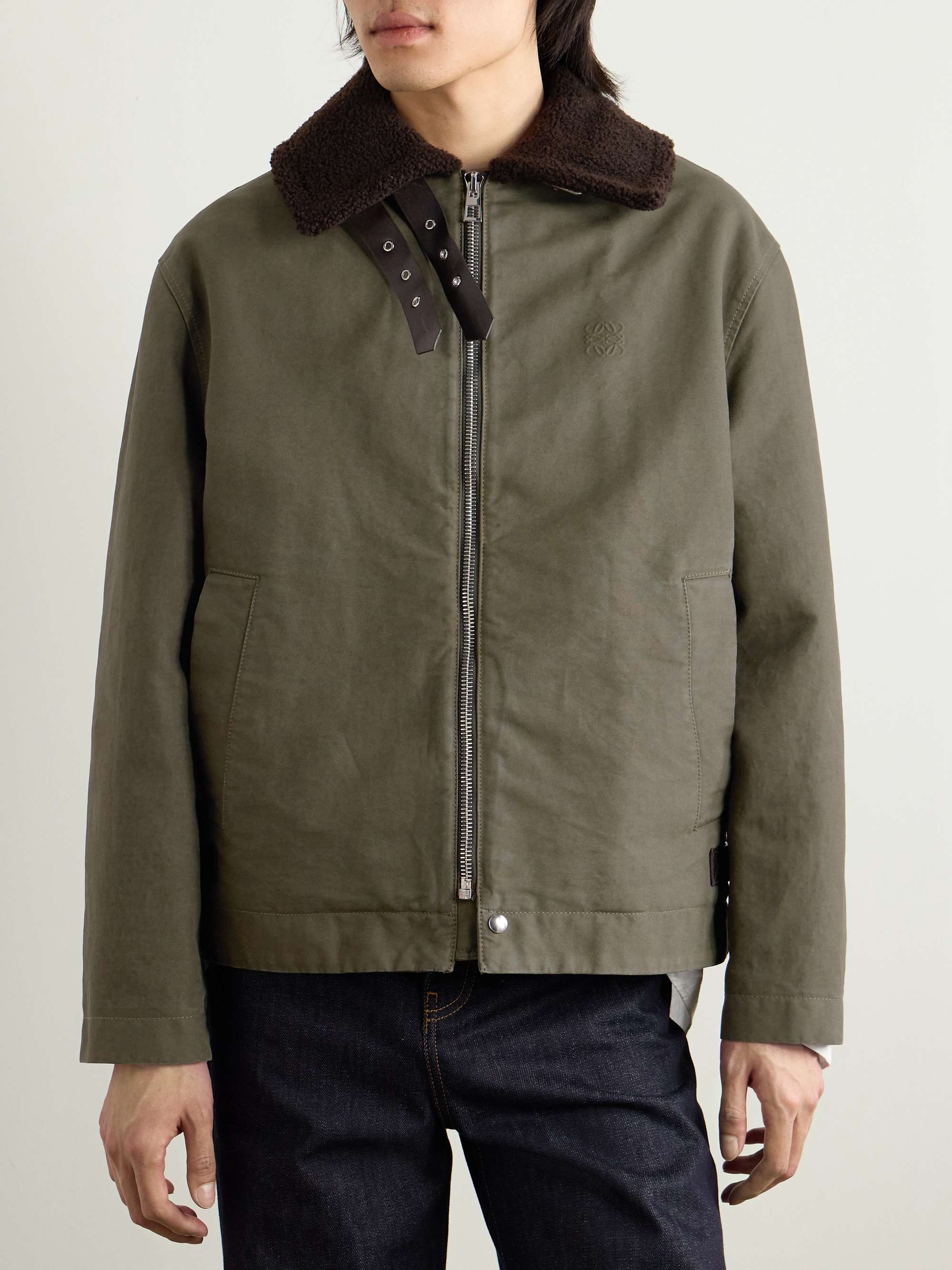 Shearling and Leather-Trimmed Garment-Dyed Cotton-Twill Jacket view