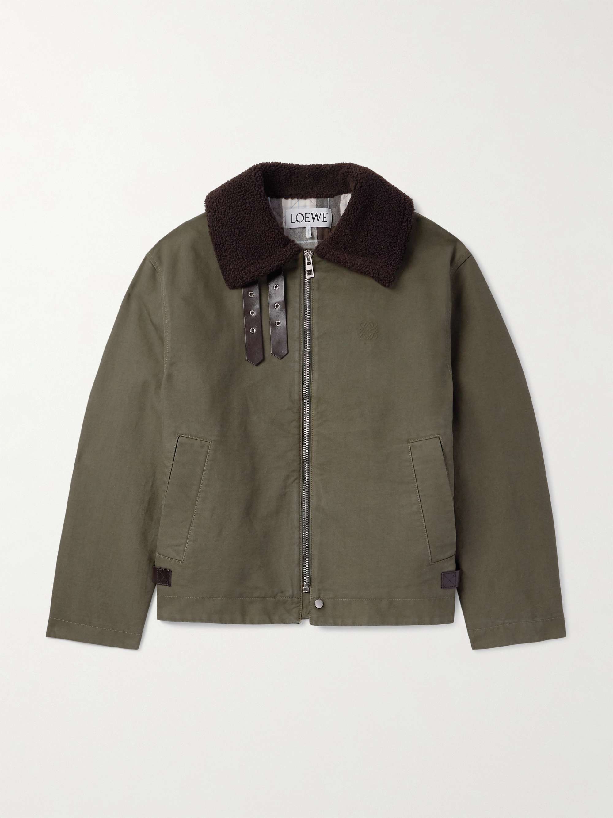 Shearling and Leather-Trimmed Garment-Dyed Cotton-Twill Jacket view