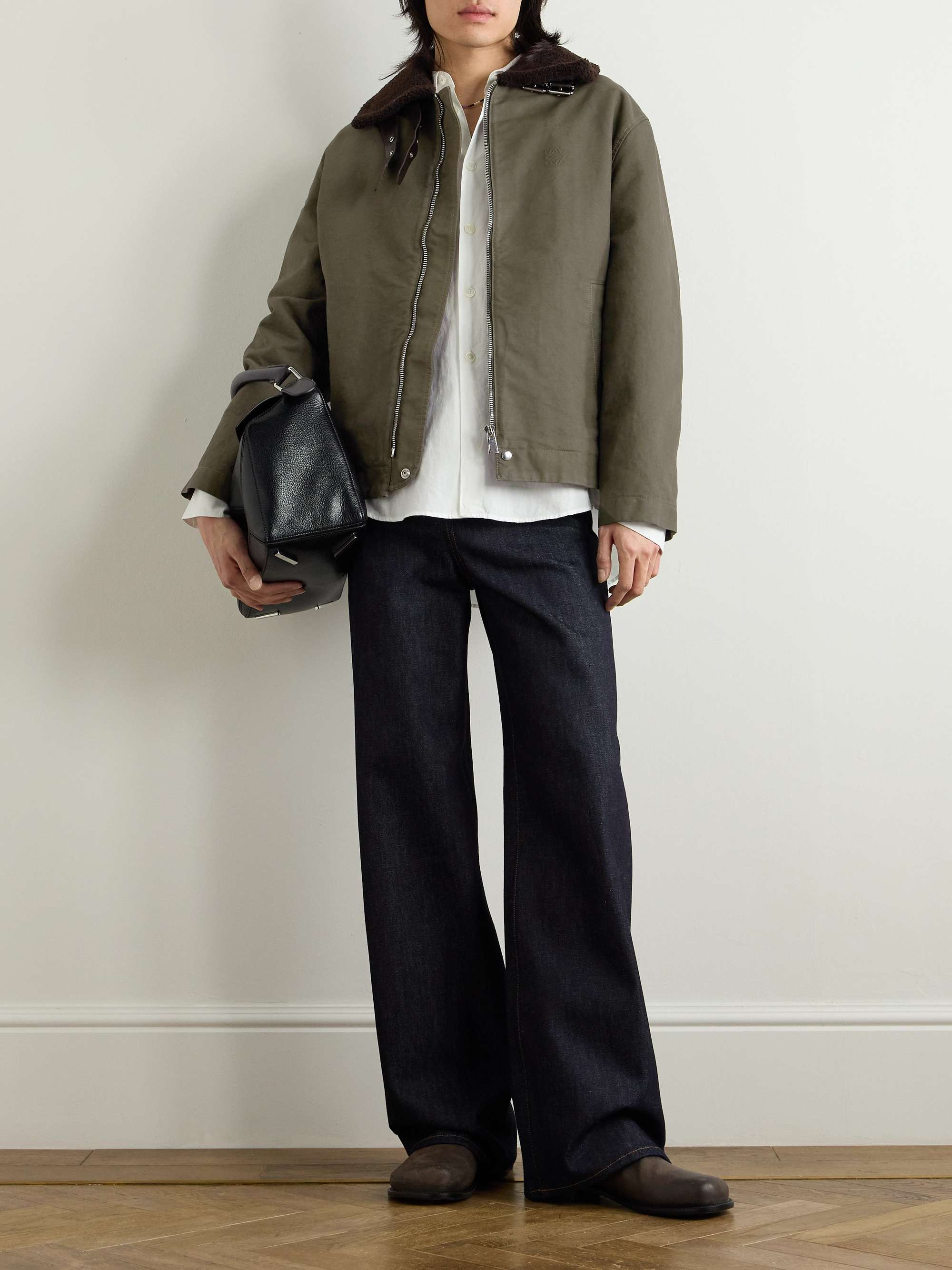 Shearling and Leather-Trimmed Garment-Dyed Cotton-Twill Jacket view