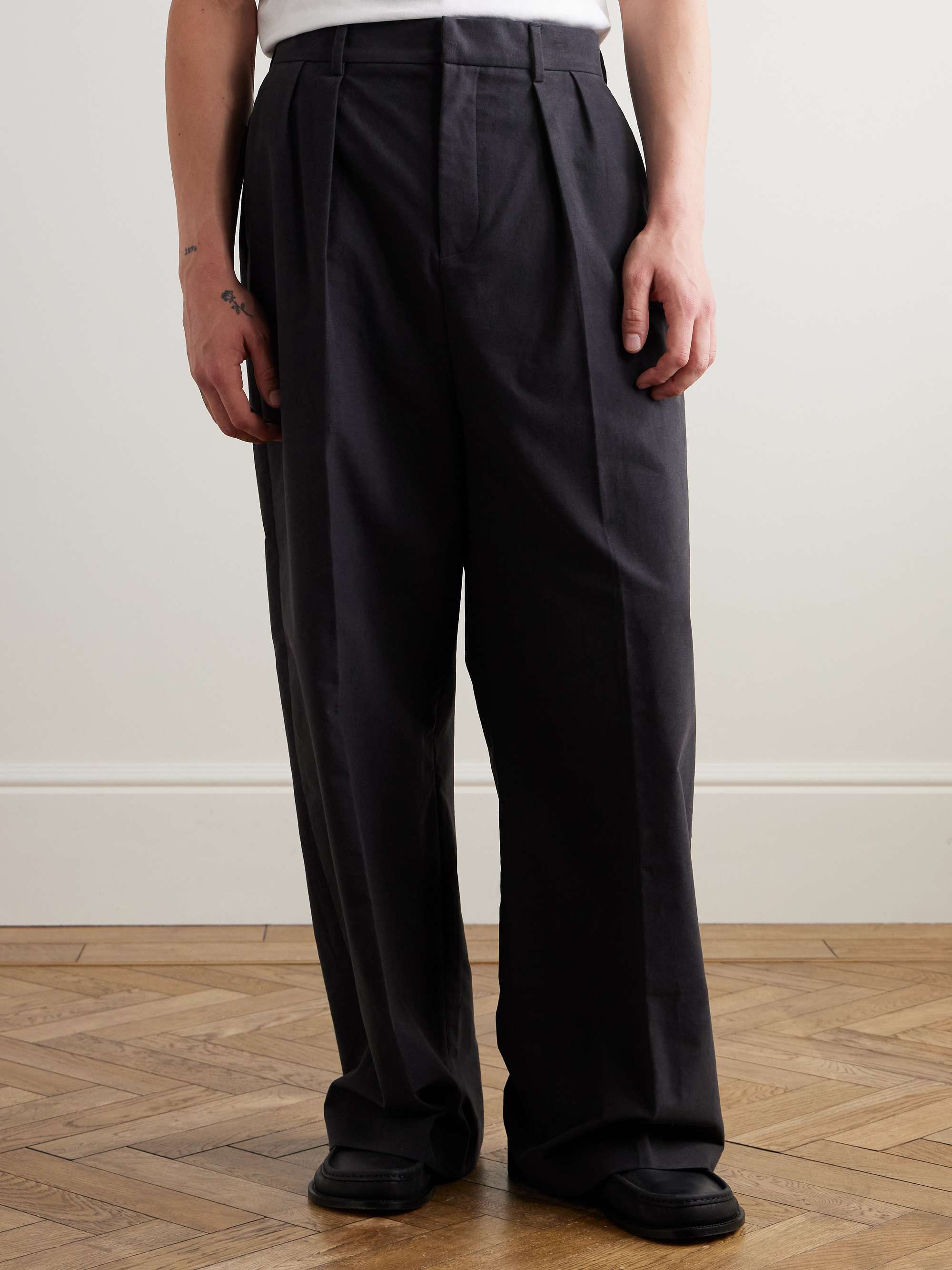 Straight-Leg Pleated Cotton-Blend Moleskin Trousers view