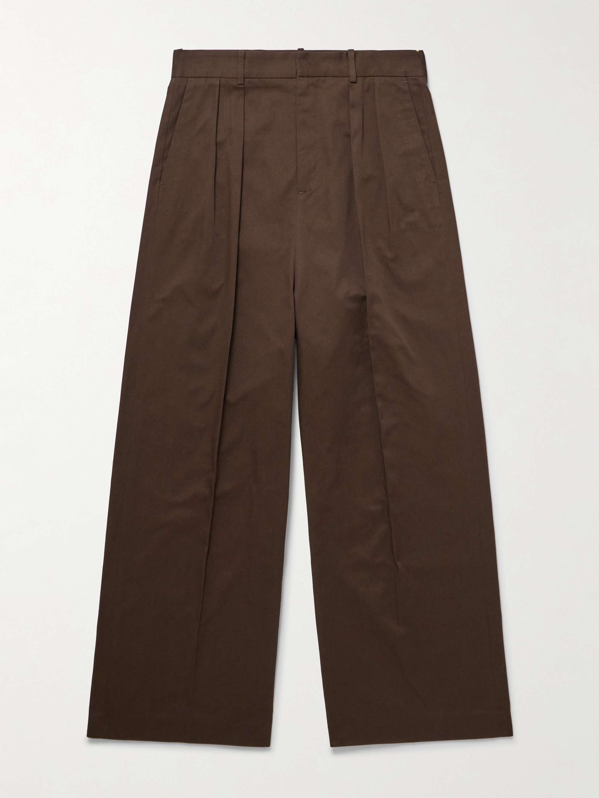 Straight-Leg Pleated Leather-Trimmed Cotton-Twill Trousers view