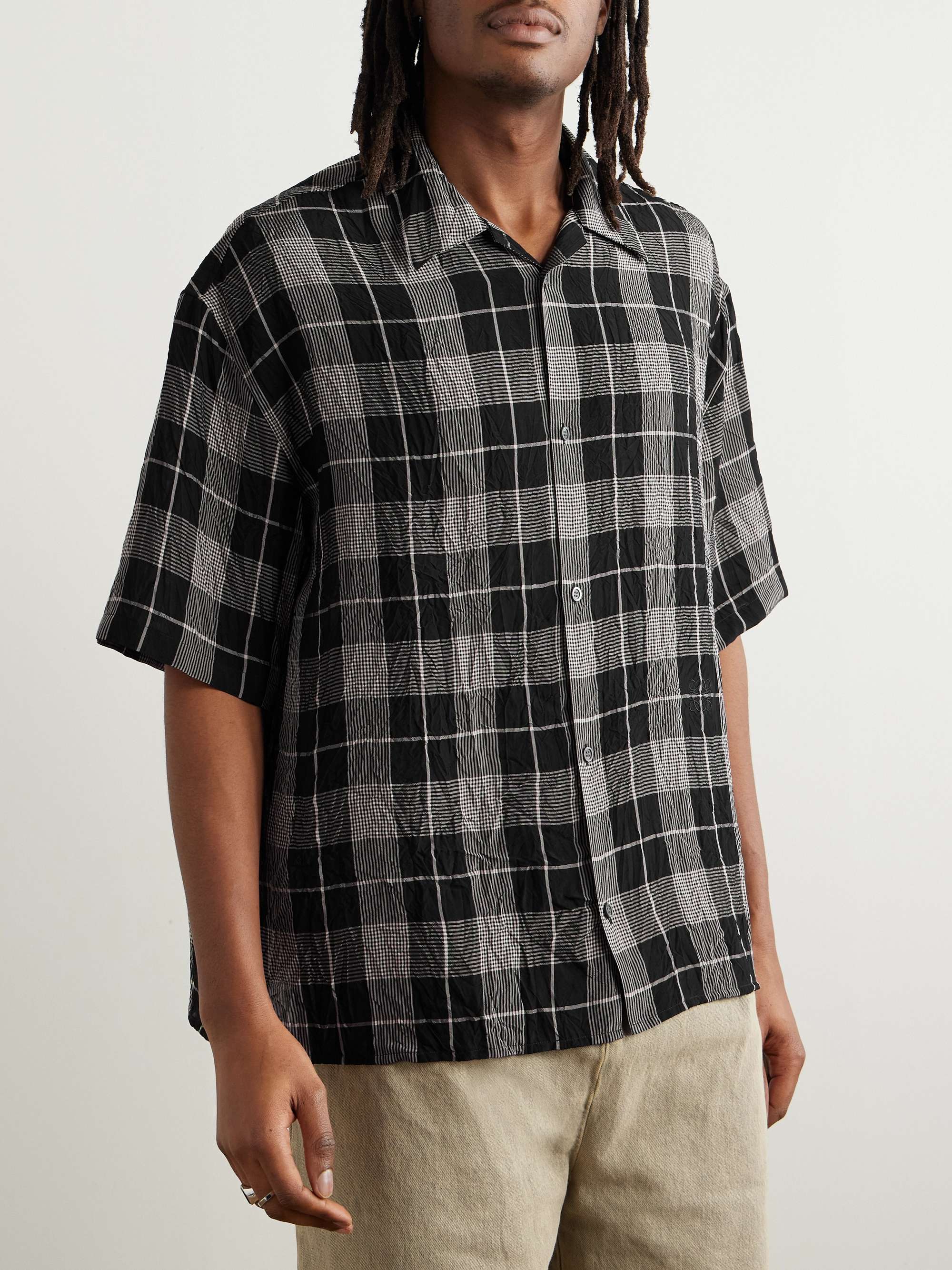 Camp-Collar Checked Crinkled-Twill Shirt view