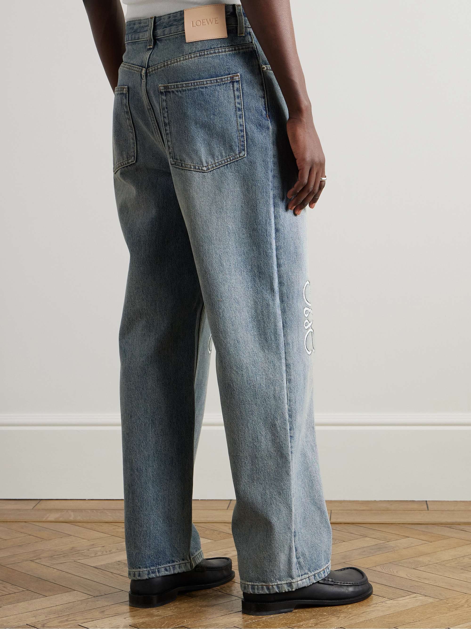 Straight-Leg Logo-Embroidered Distressed Jeans view