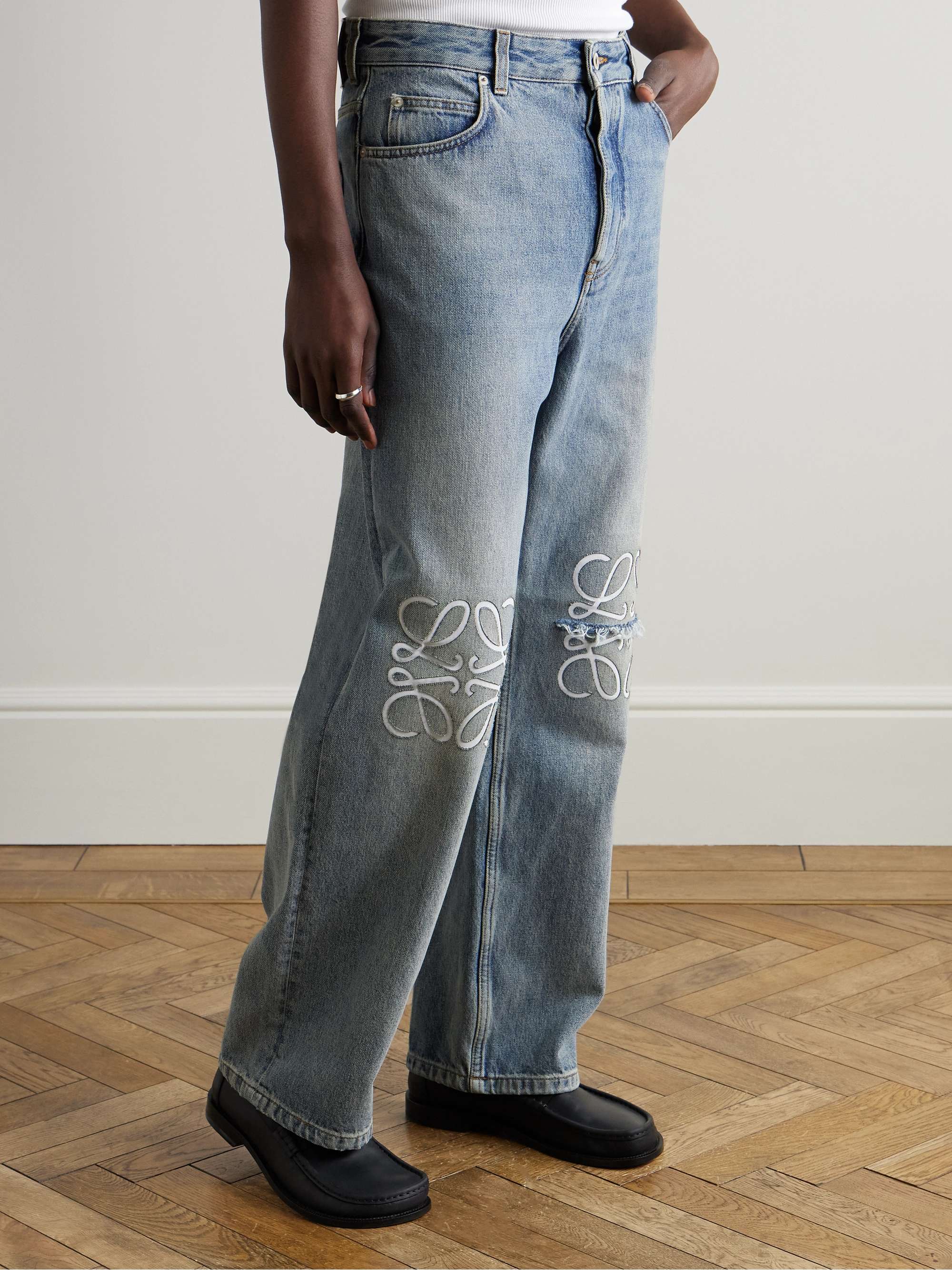 Straight-Leg Logo-Embroidered Distressed Jeans view